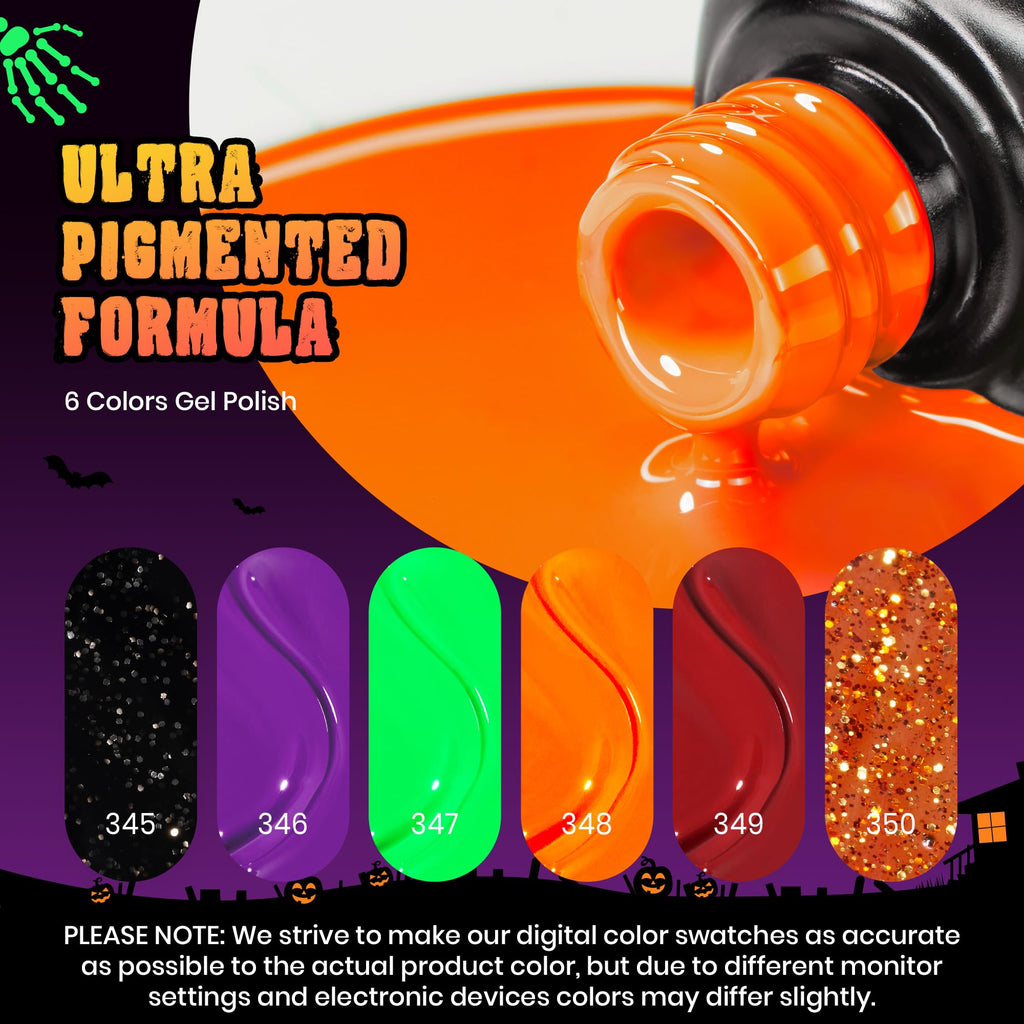 Beetles Gel Nail Polish Set Hocus Pocus – 6 Colors Orange Green Purple Black Red Glitter (UV/LED Cured)