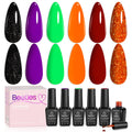 Beetles Gel Nail Polish Set Hocus Pocus – 6 Colors Orange Green Purple Black Red Glitter (UV/LED Cured)