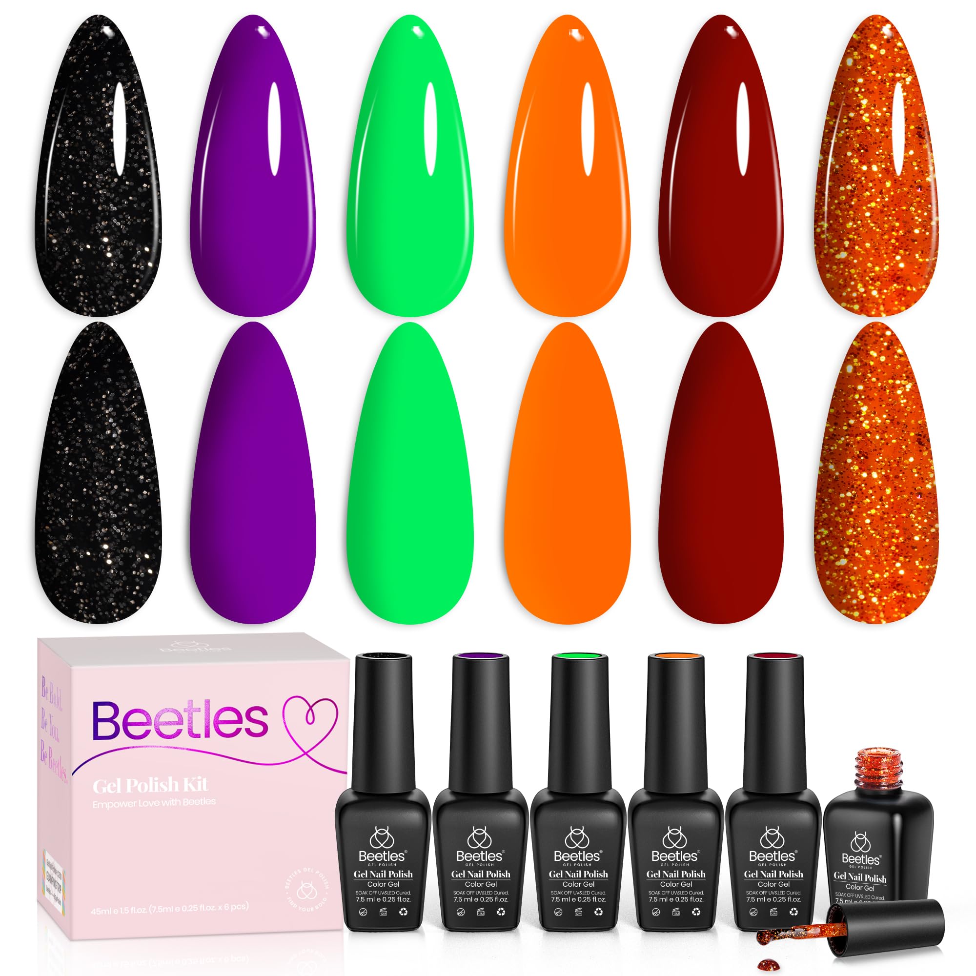 Beetles Gel Nail Polish Set Hocus Pocus – 6 Colors Orange Green Purple Black Red Glitter (UV/LED Cured)