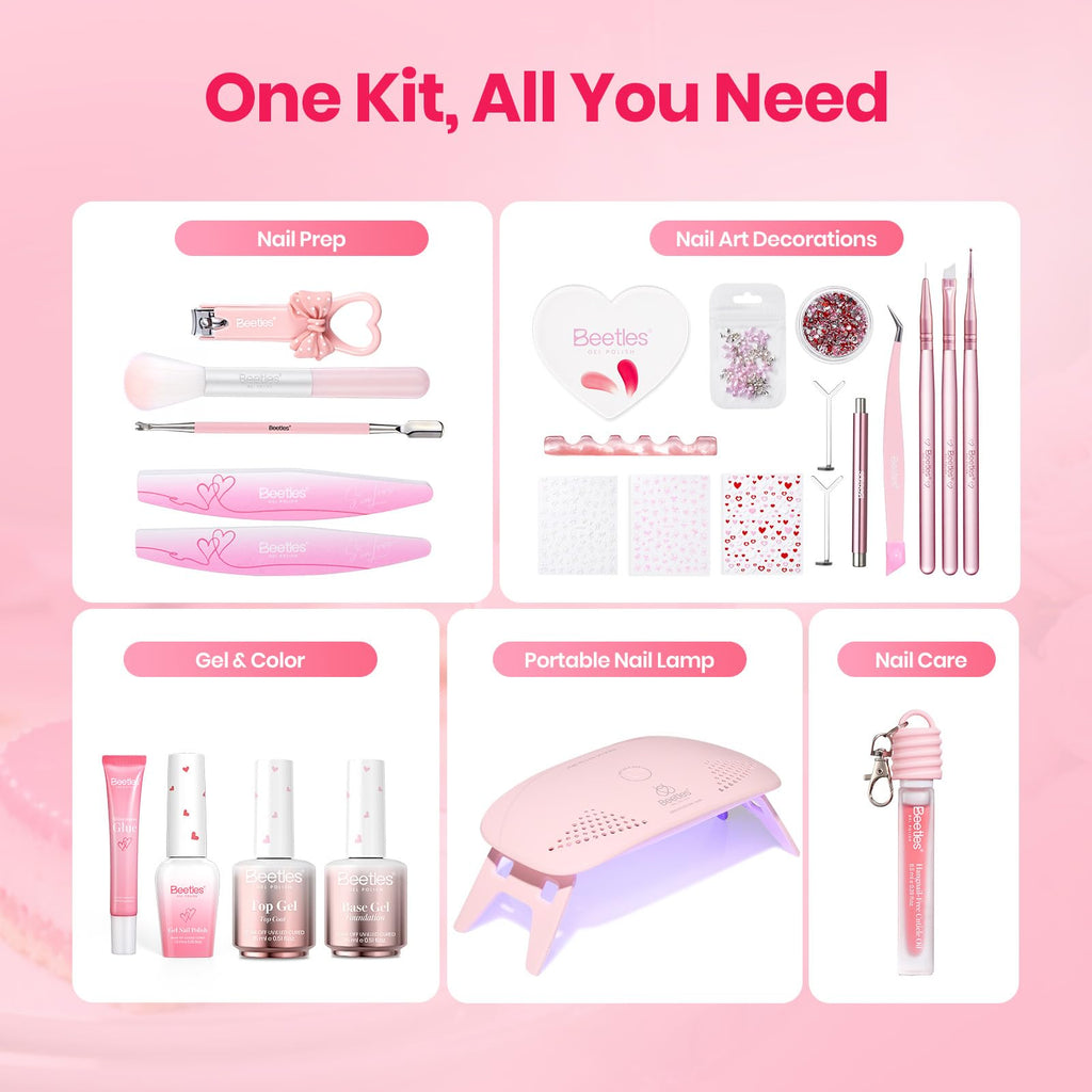 Beetles 30 Pcs Gel Nail Kit with UV Lamp — 6 Colors, Cat Eye & Heart Magnet