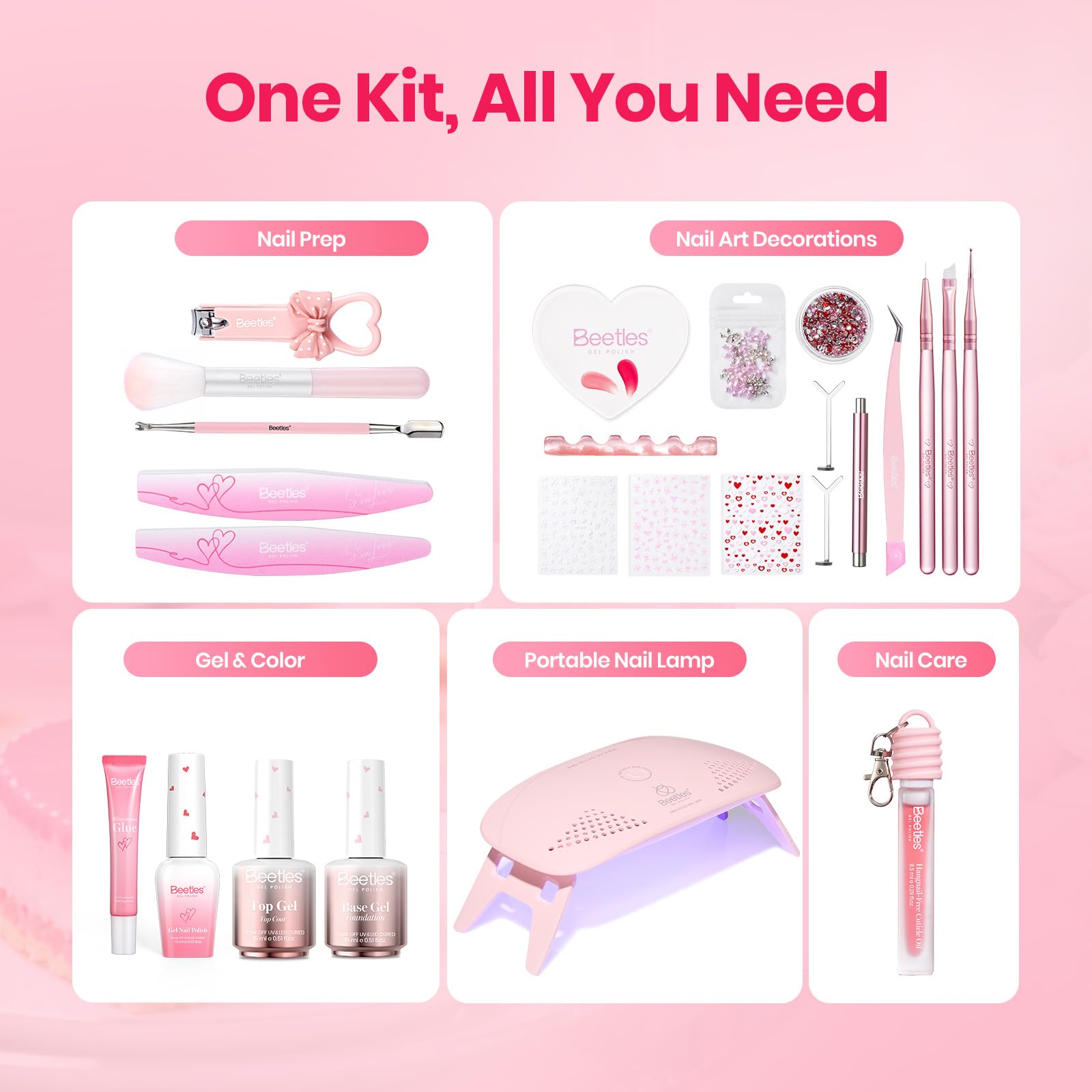 Beetles 30 Pcs Gel Nail Kit with UV Lamp — 6 Colors, Cat Eye & Heart Magnet
