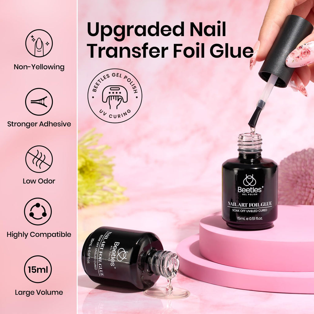 Beetles Nail Foil Glue Gel 2x15ml + 20 Lace Flower Butterfly Stickers | LED Lamp DIY Manicure