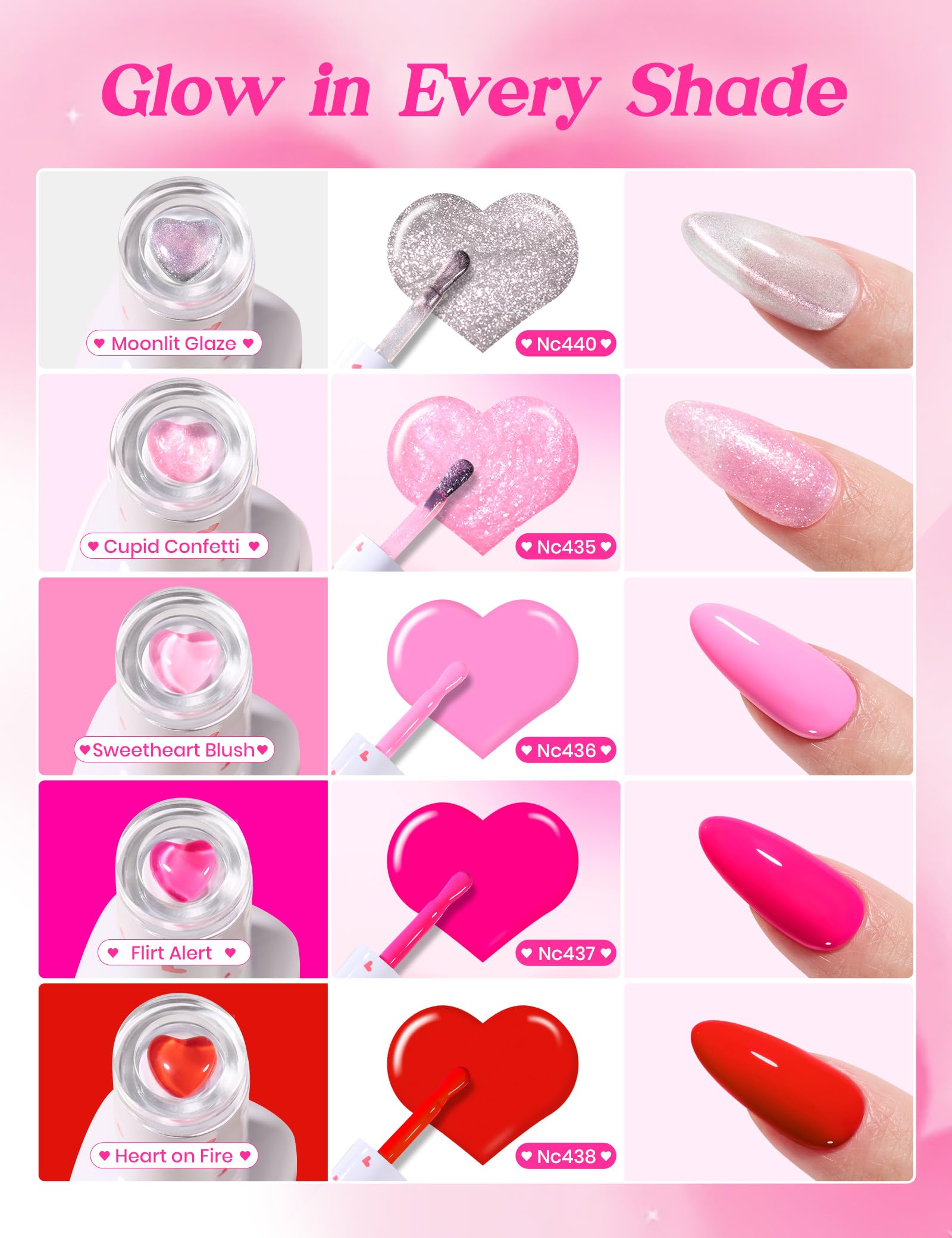 Beetles So In Love Collection – Glow In Love Valentine Gel Nail Polish Set | Pink Gel Nail Art Kit with Base & Top Coat