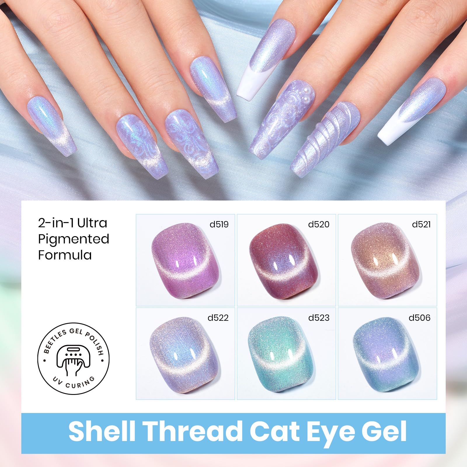 Beetles Pearl Gel Nail Polish Set – 6 Colors Cat Eye Holographic with Magnet | Velvet Finish