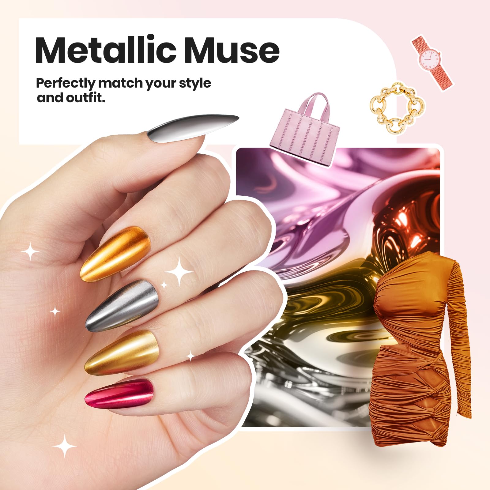 Beetles Mirror Nail Polish Set – Metallic Muse: 6 Colors, High-Gloss Chrome, Quick-Dry