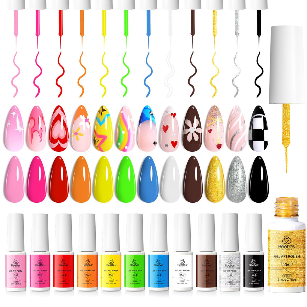 Beetles Nail Art Polish Set – 12 Colors 2-in-1 Gel Nail Polish & Liner