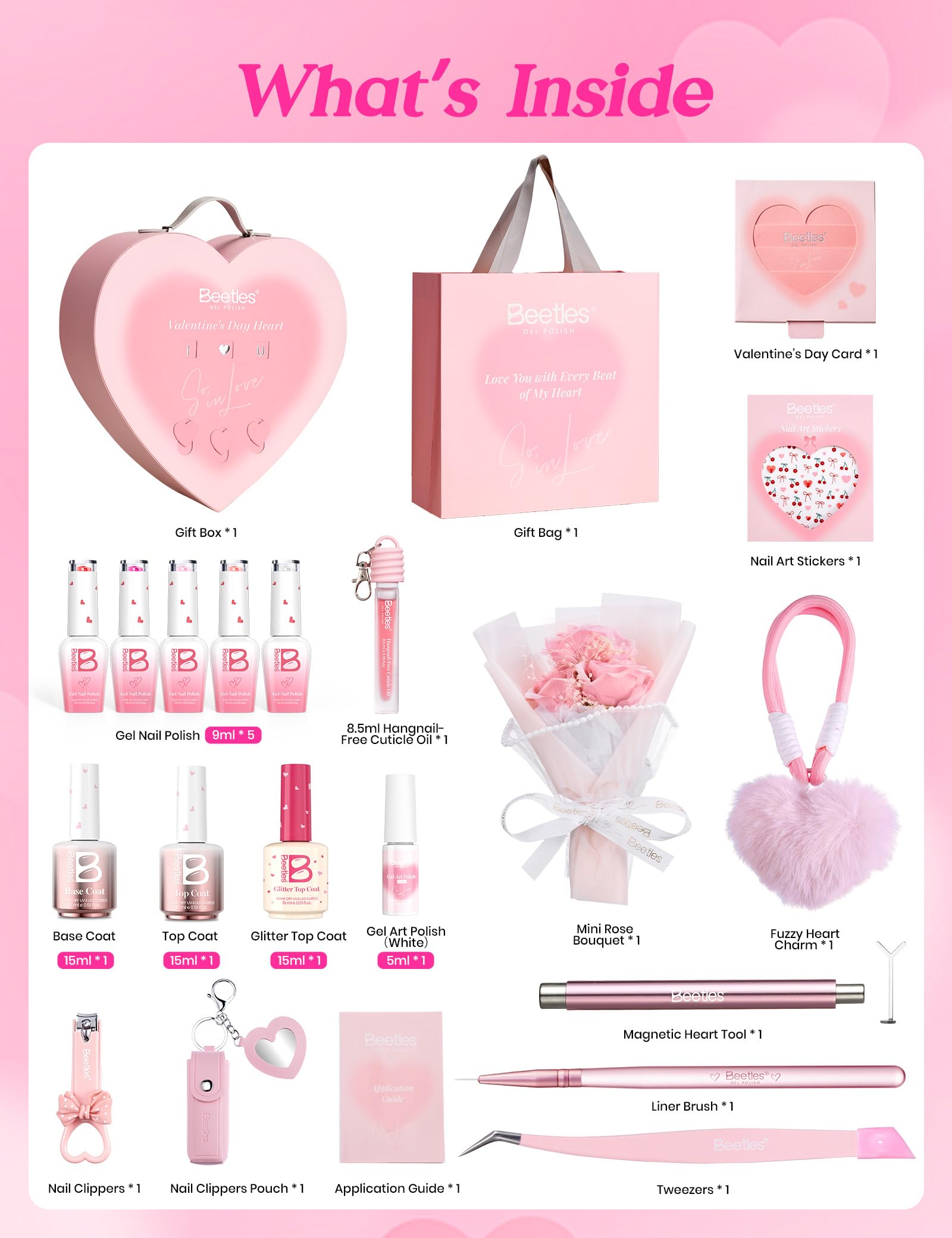 Beetles So In Love Collection – Glow In Love Valentine Gel Nail Polish Set | Pink Gel Nail Art Kit with Base & Top Coat