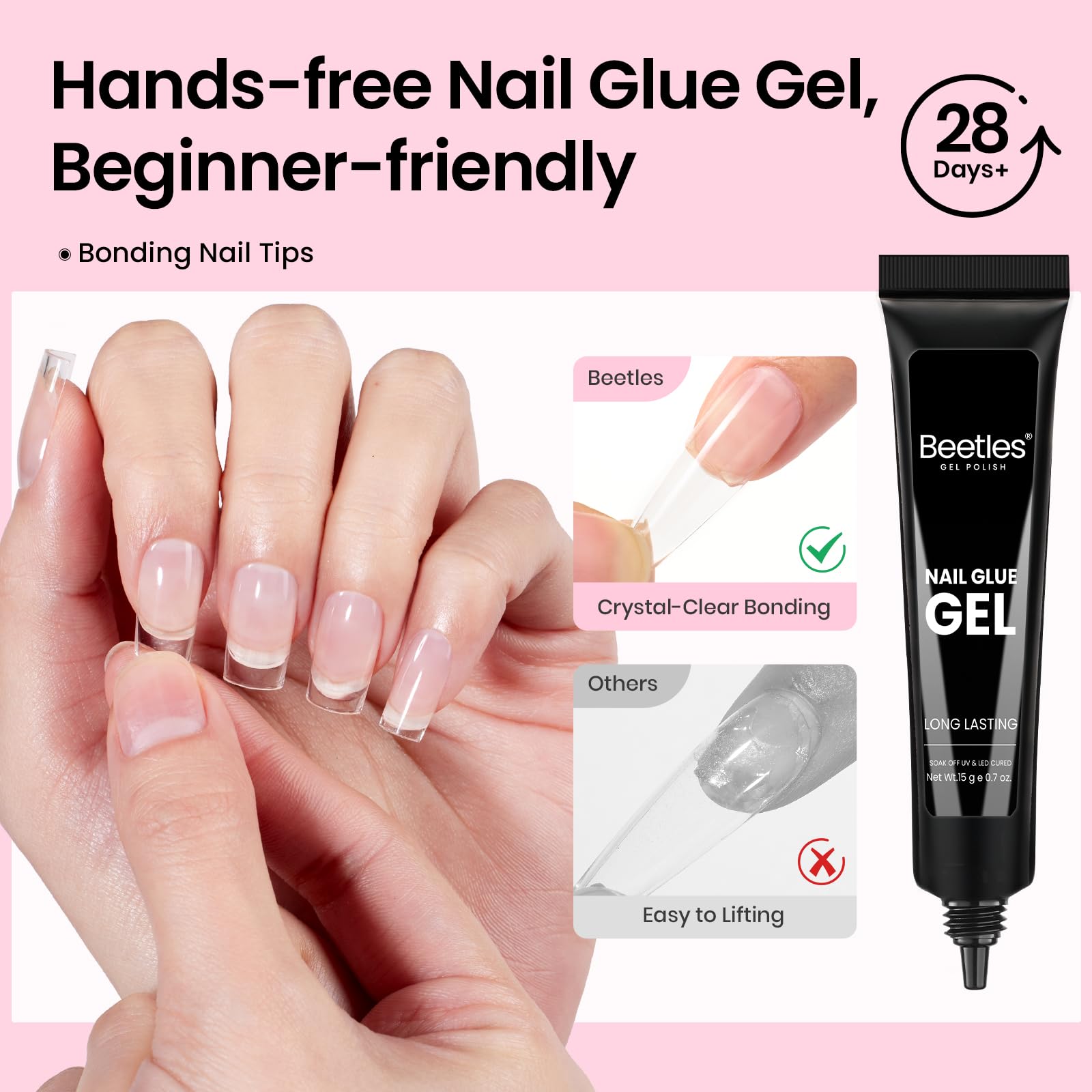 Beetles Gel Nail Kit Flat-X – 320 Short Square Tips, Glue Gel, Base & Top, Mini Lamp | DIY Home Manicure
