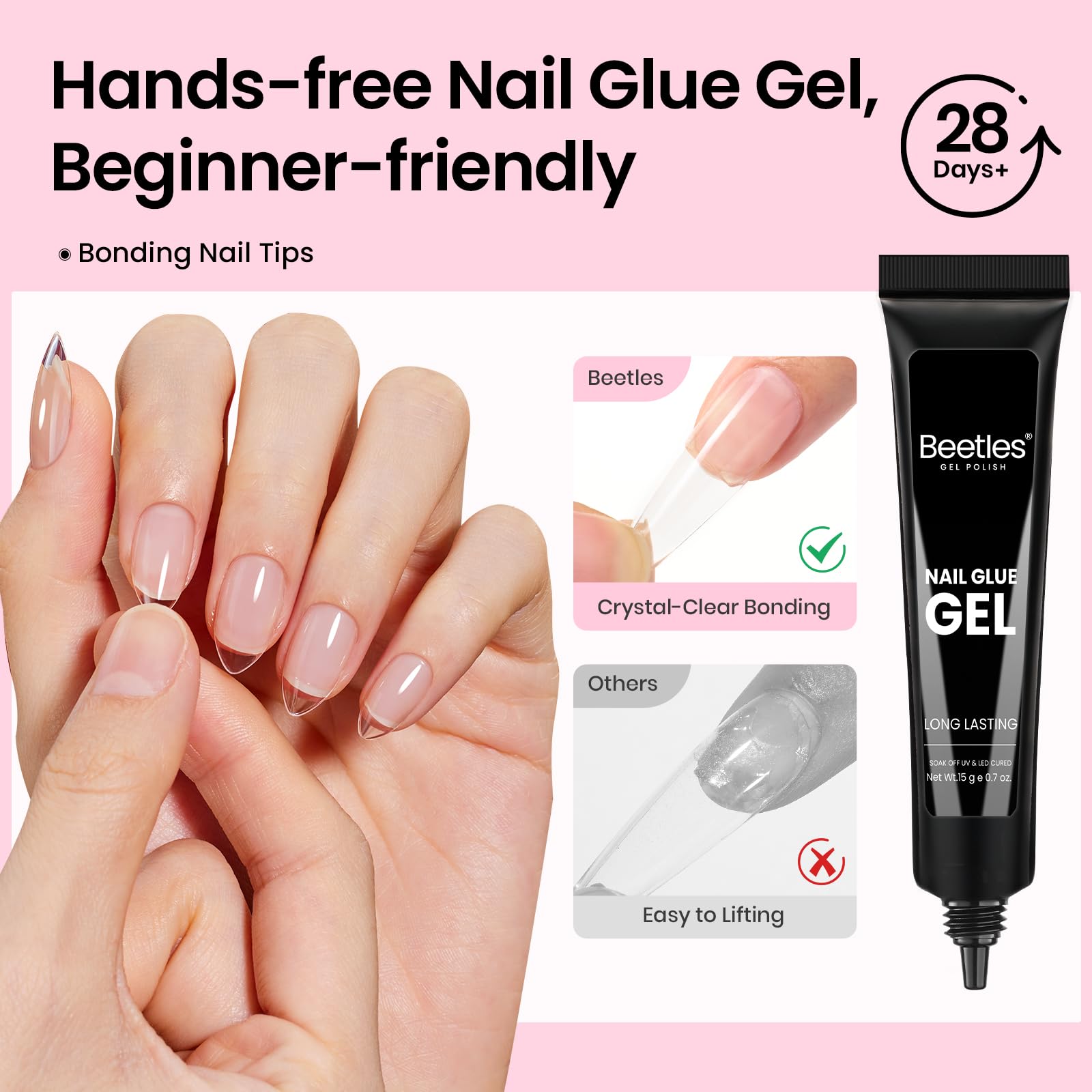 Beetles Gel Nail Kit Curve-EX Almond Tips — 320pcs, 16 Sizes, Glue Gel, Base & Top Coat, Mini Lamp
