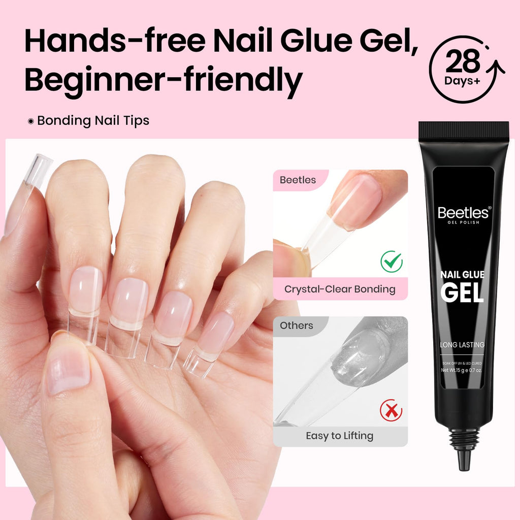 Beetles Gel Nail Kit Flat-X Square Medium – 320 Tips, Glue Gel, Base & Top Coats, Mini Lamp