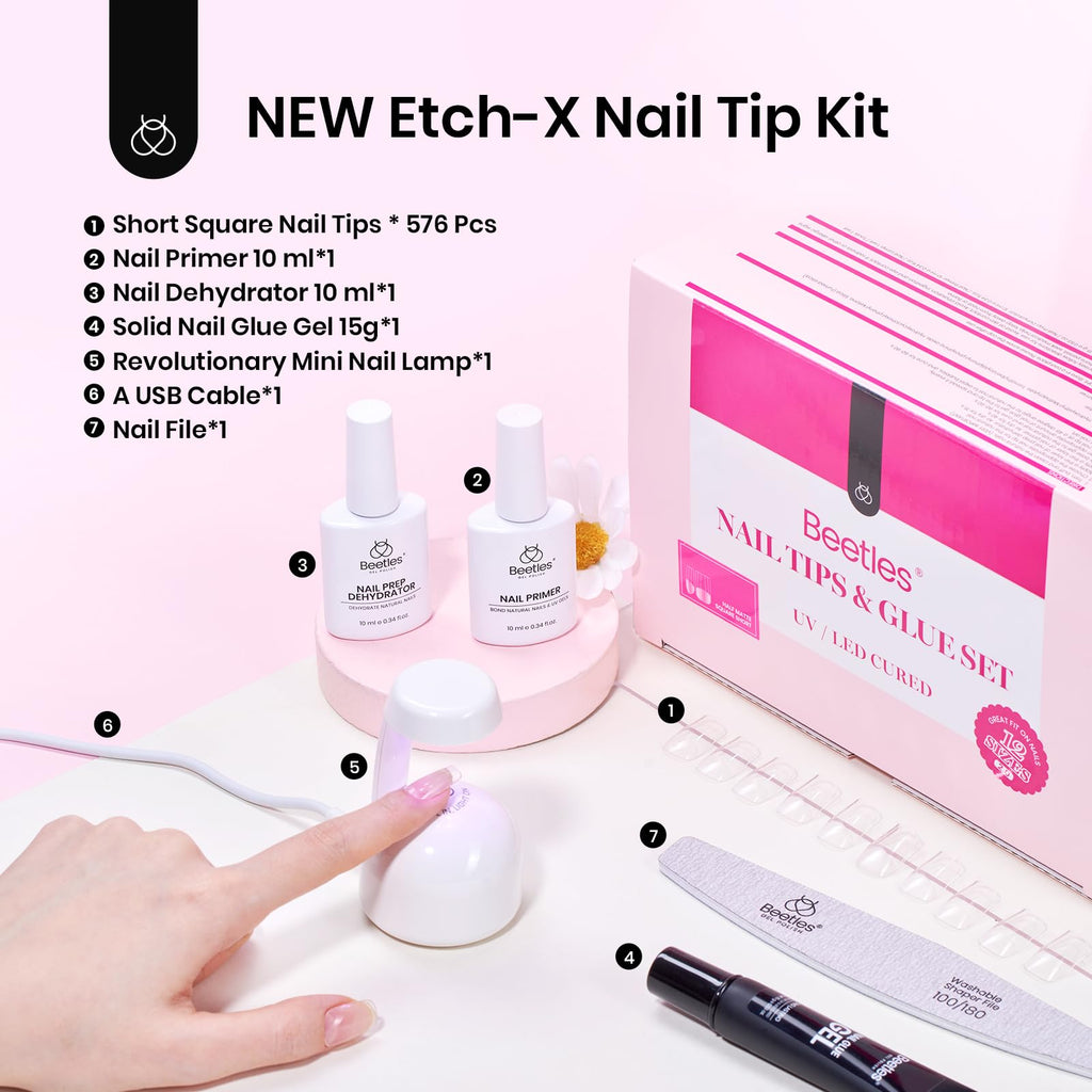 Beetles Gel Nail Kit Short Square — 576Pcs Tips + Mini UV Lamp for DIY Extensions