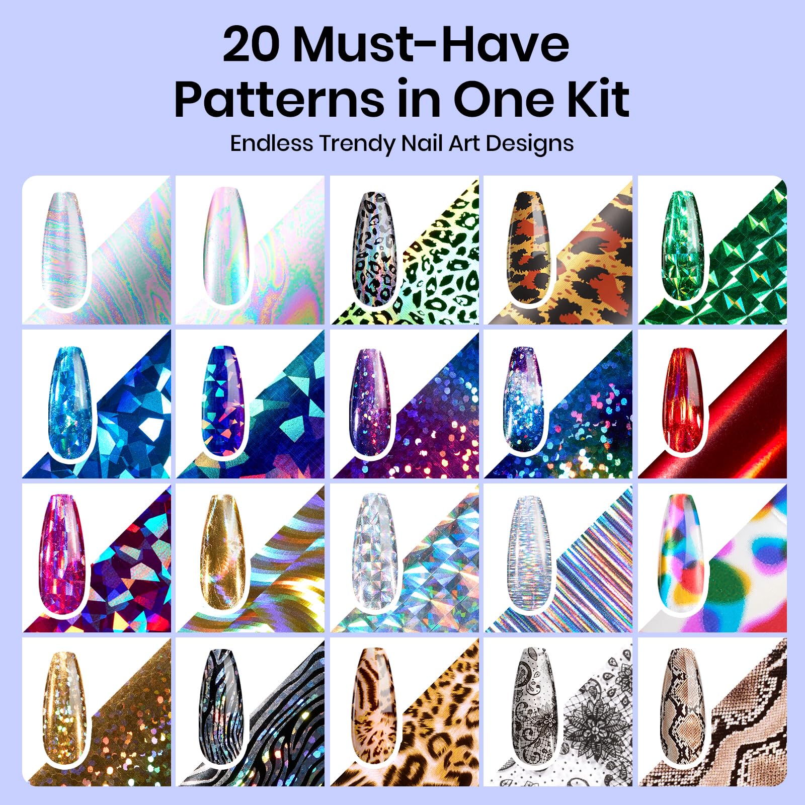 Beetles Nail Foil Art Kit – 20 Foils, 30ml Glue Gel, Metal Holographic & Leopard Stickers