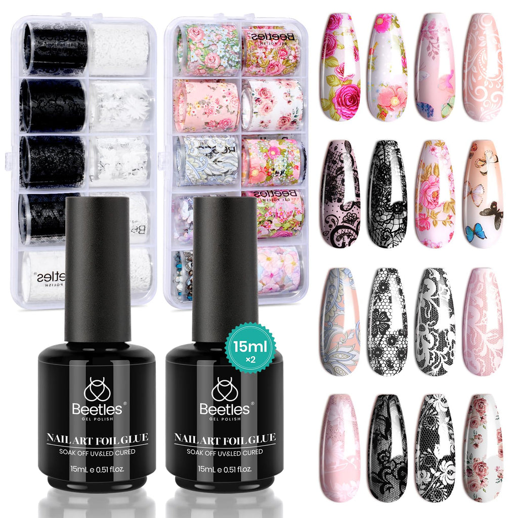 Beetles Nail Foil Glue Gel 2x15ml + 20 Lace Flower Butterfly Stickers | LED Lamp DIY Manicure
