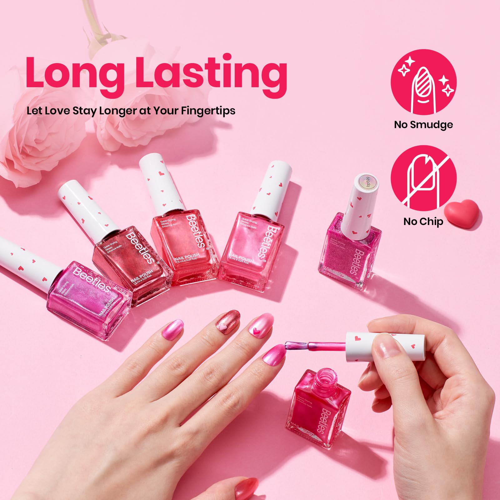 Beetles Pink Nail Polish Set – Hearts Aflutter (6 Colors): Quick Dry, Long-Lasting Glitter & Pearl Finish