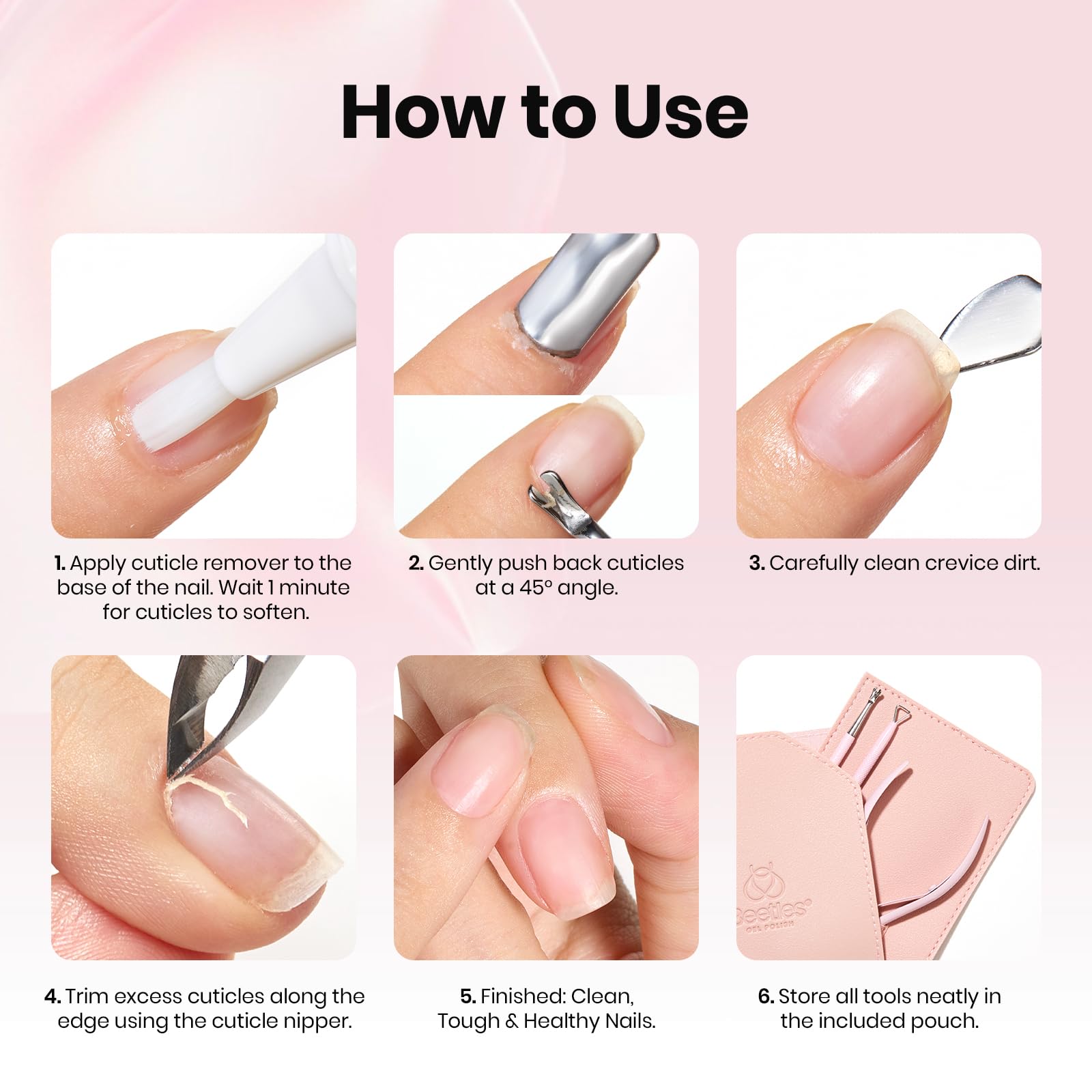 Beetles Gel Polish Manicure Kit: Cuticle Remover, 3-Piece Pink Set + Storage Pouch