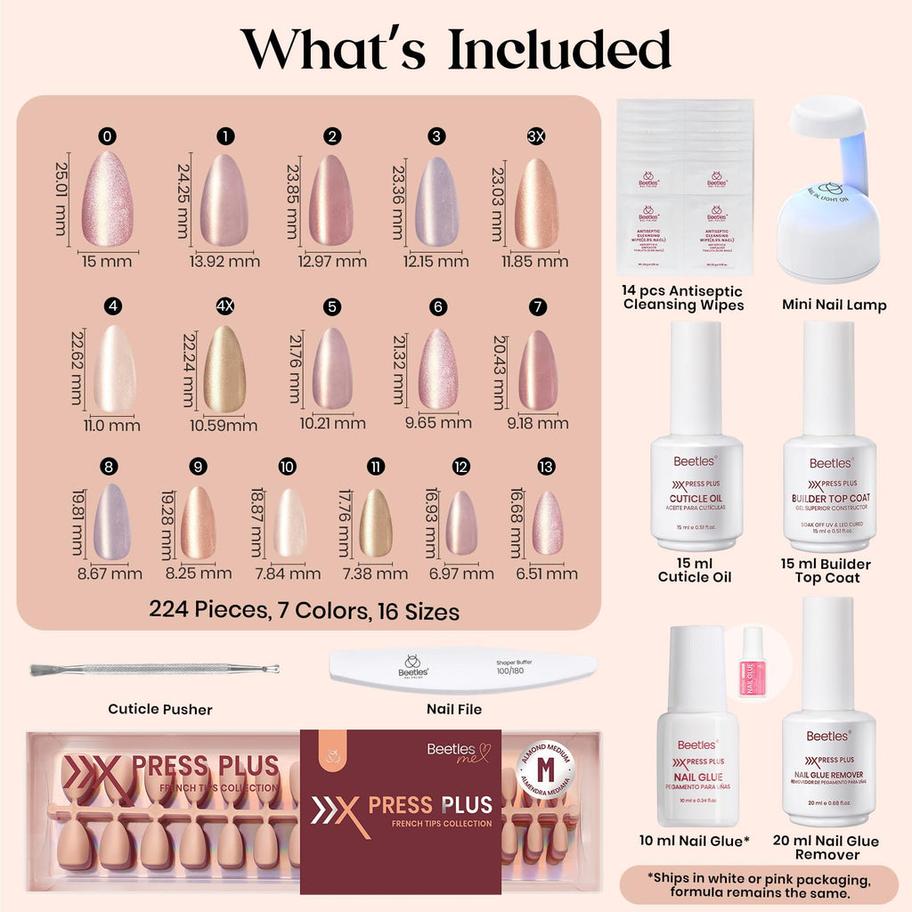 Beetles X Press Cat Eye Nails Kit - 7 Colors Nude Cat Eye Press On Nails Medium Almond | 224Pcs 16 Sizes All-in-One Kit With Nail Glue, Remover, Builder Top Coat, Nail Lamp