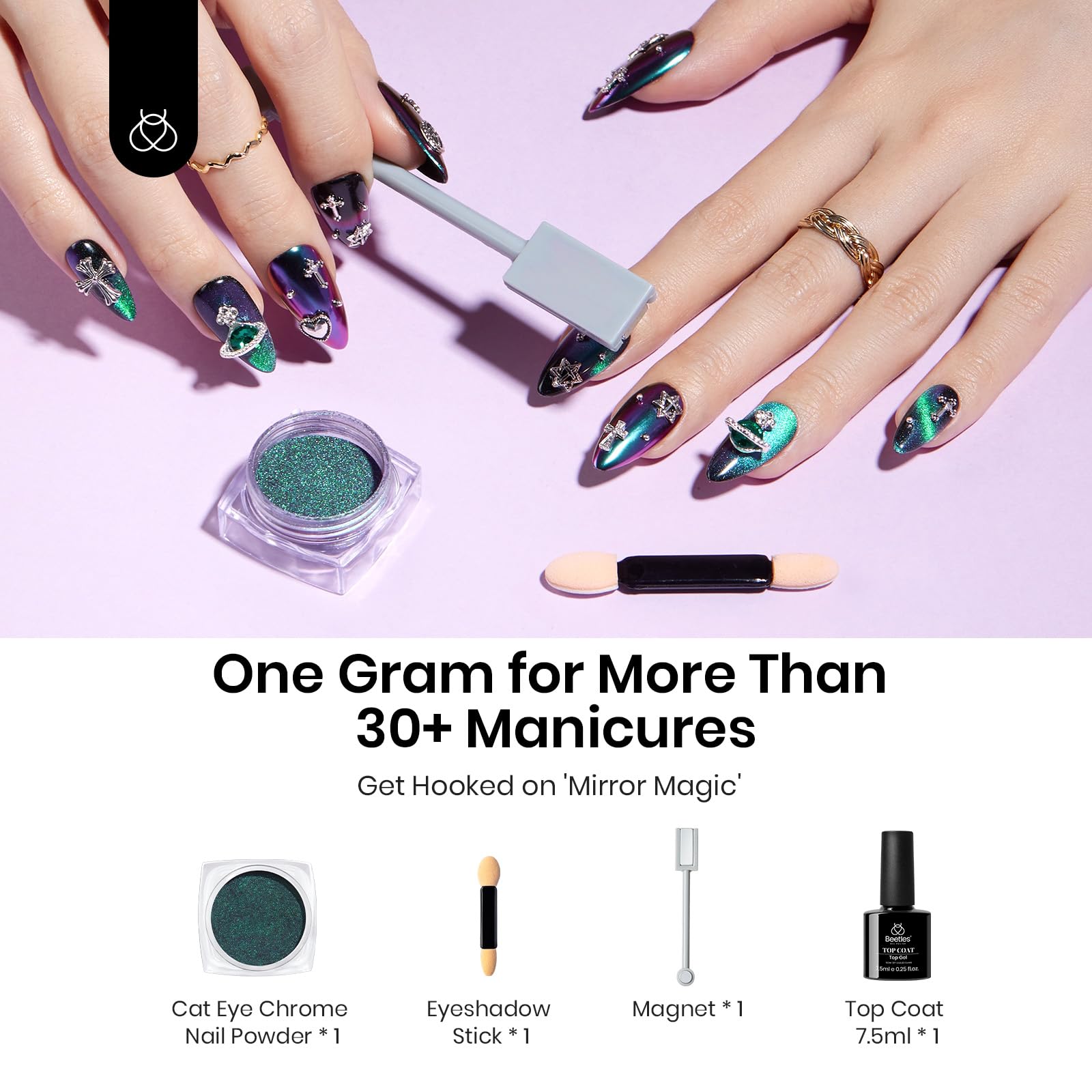 Beetles Cat Eye Chrome Nail Powder Set – 2-in-1 Holographic Metallic Nail Art Kit