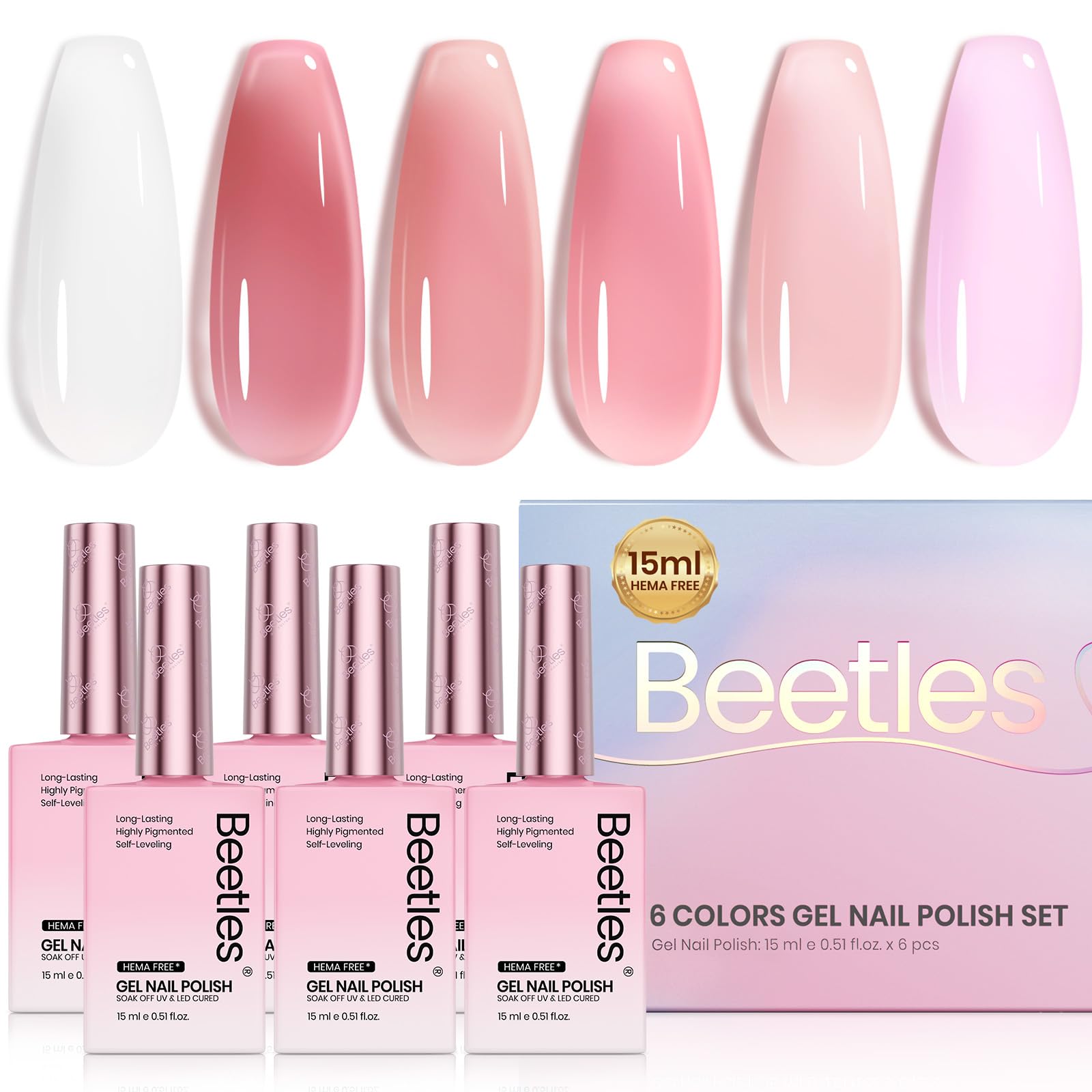 Beetles Nude Gel Nail Polish Set – 6 Hema-Free Jelly Colors, 15ml