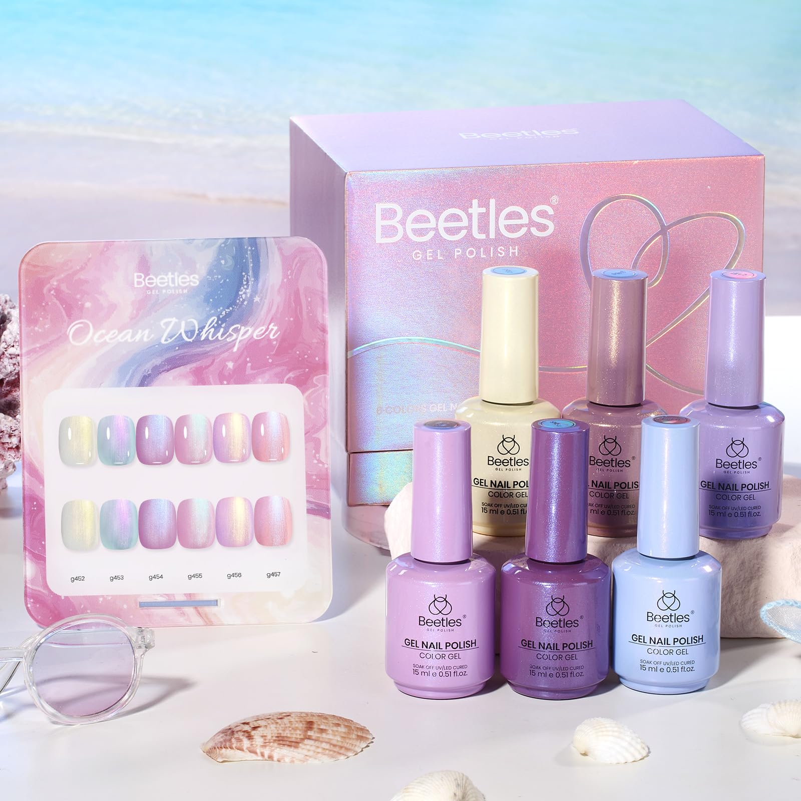 Beetles Pearl Gel Polish Set – Ocean Whisper Collection (6×15ml) Mermaid Shell Swirl Nails