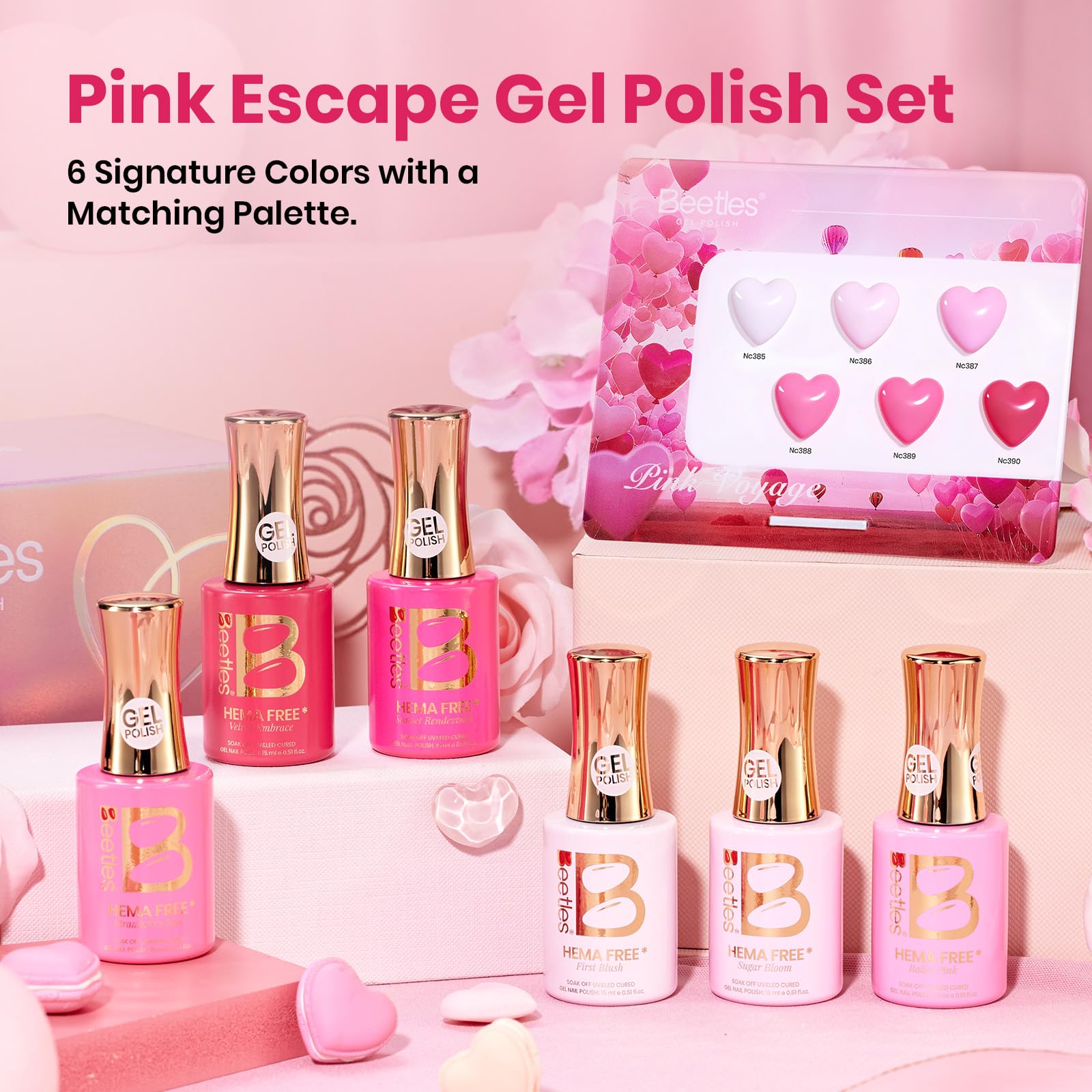 Beetles Pink Gel Polish Set – Pink Escape (6 Colors, 15ml) Hema-Free, Long-Lasting Valentines Nails