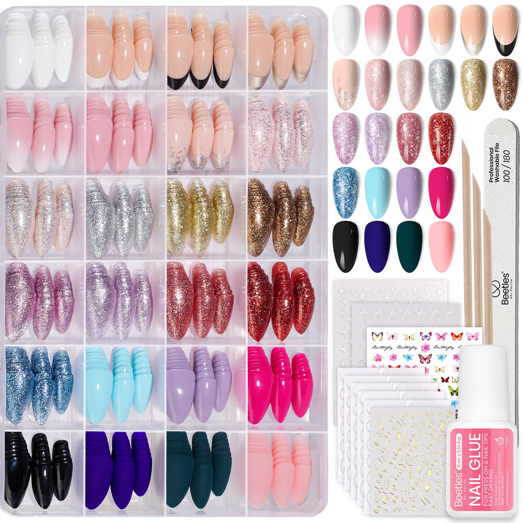 Beetles Press On Nails Kit – 720 Pcs, 24 Colors, Short Almond, Glue & Tabs Included