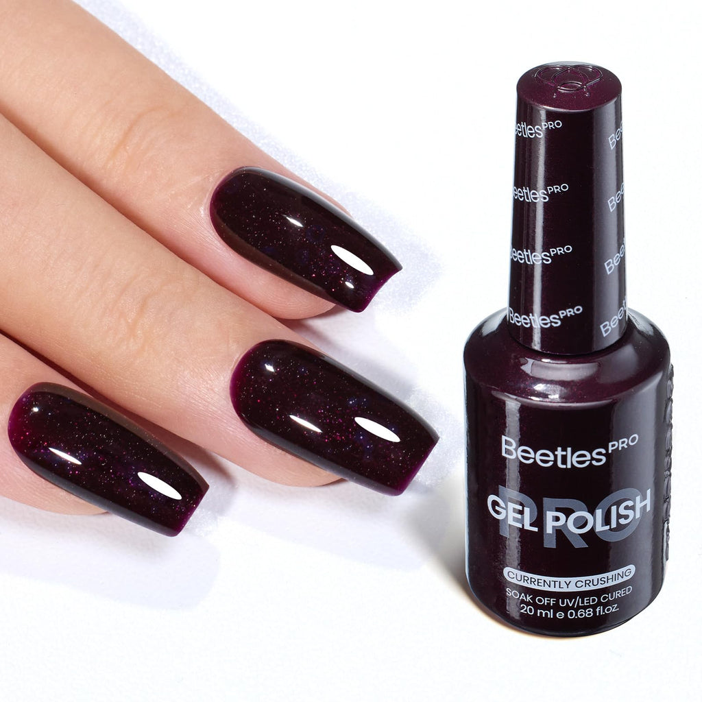 Beetles Pro Dark Purple Gel Nail Polish – Currently Crushing Burgundy Red 20ml | Glitter Plum Shine, UV Lamp Cure Required
