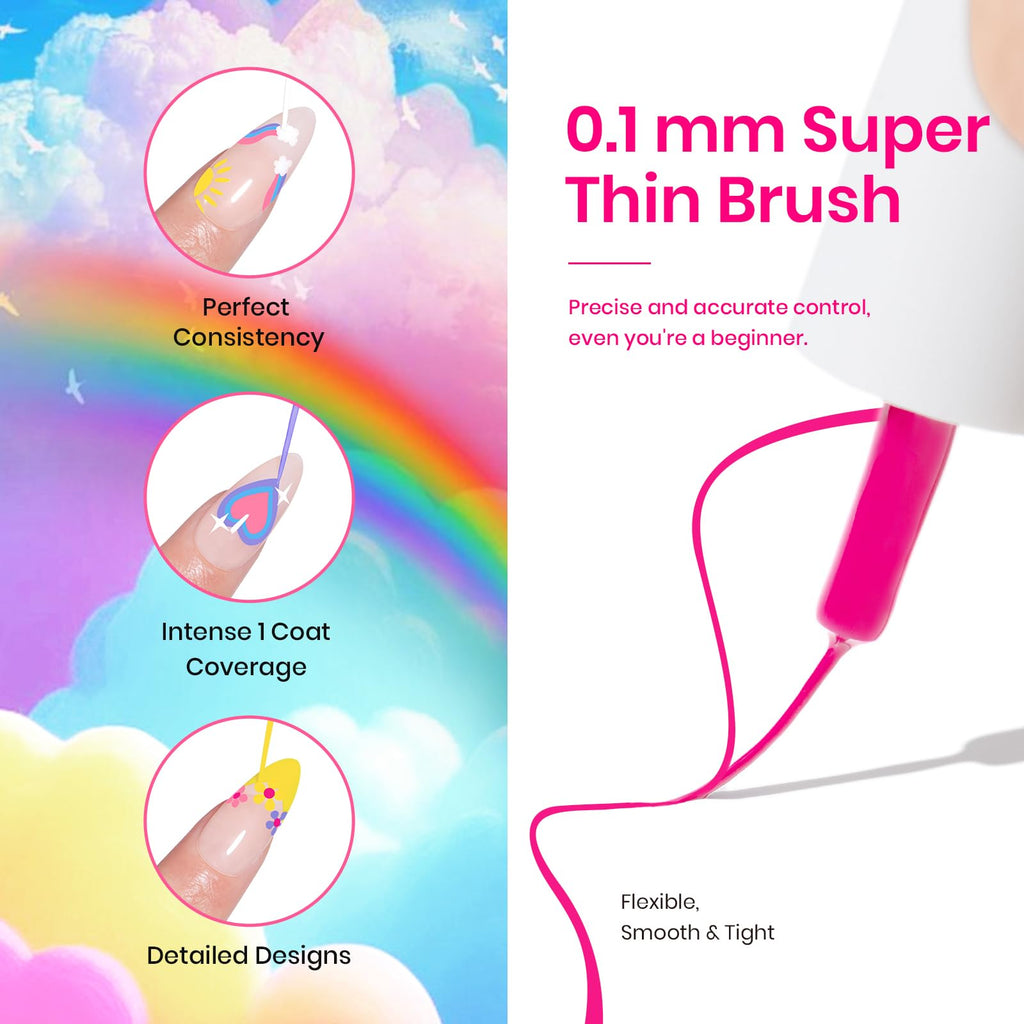 Beetles Rainbow Gel Liner Set – 12 Neon Colors for Nail Art with Built-In Thin Brush