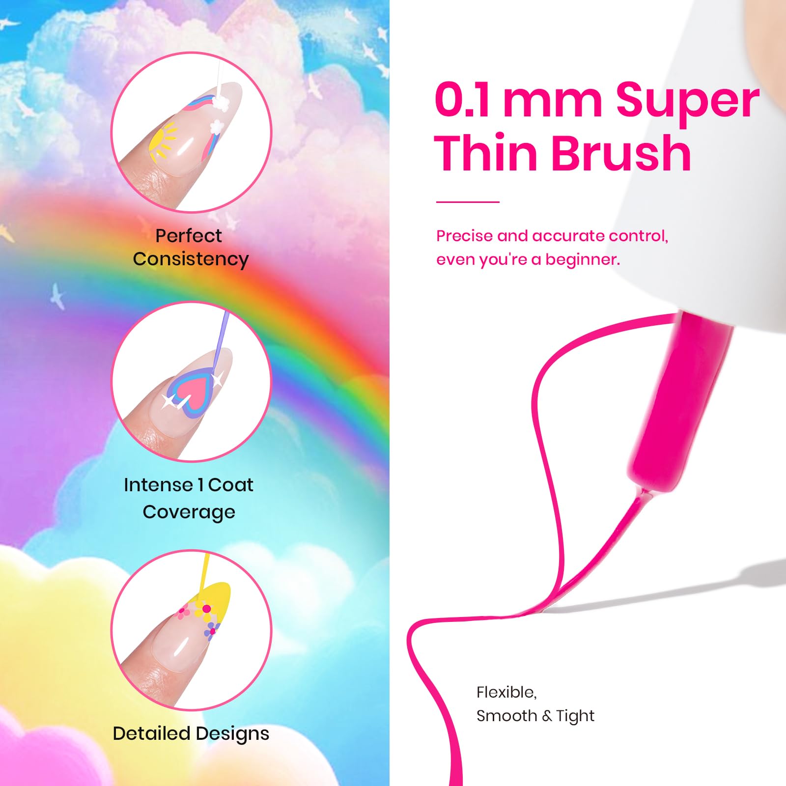 Beetles Rainbow Gel Liner Set – 12 Neon Colors for Nail Art with Built-In Thin Brush