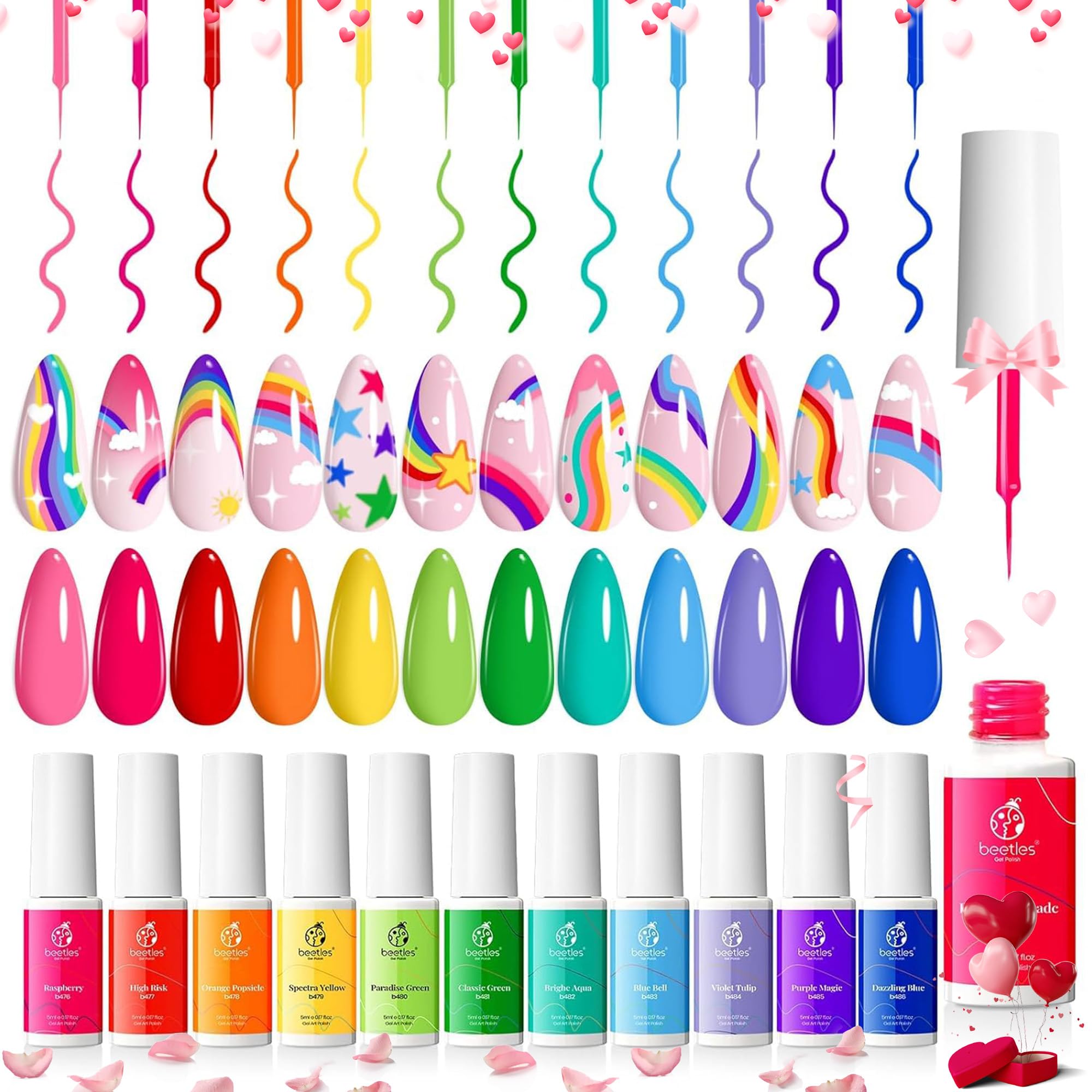Beetles Rainbow Gel Liner Set – 12 Neon Colors for Nail Art with Built-In Thin Brush