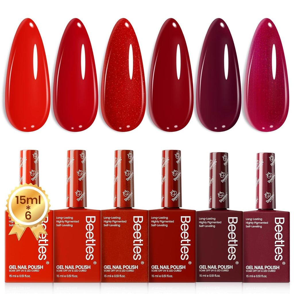 Beetles Red Gel Nail Polish Set – 6 Shimmer Burgundy Reds, 15ml Each | UV Soak-Off Kit