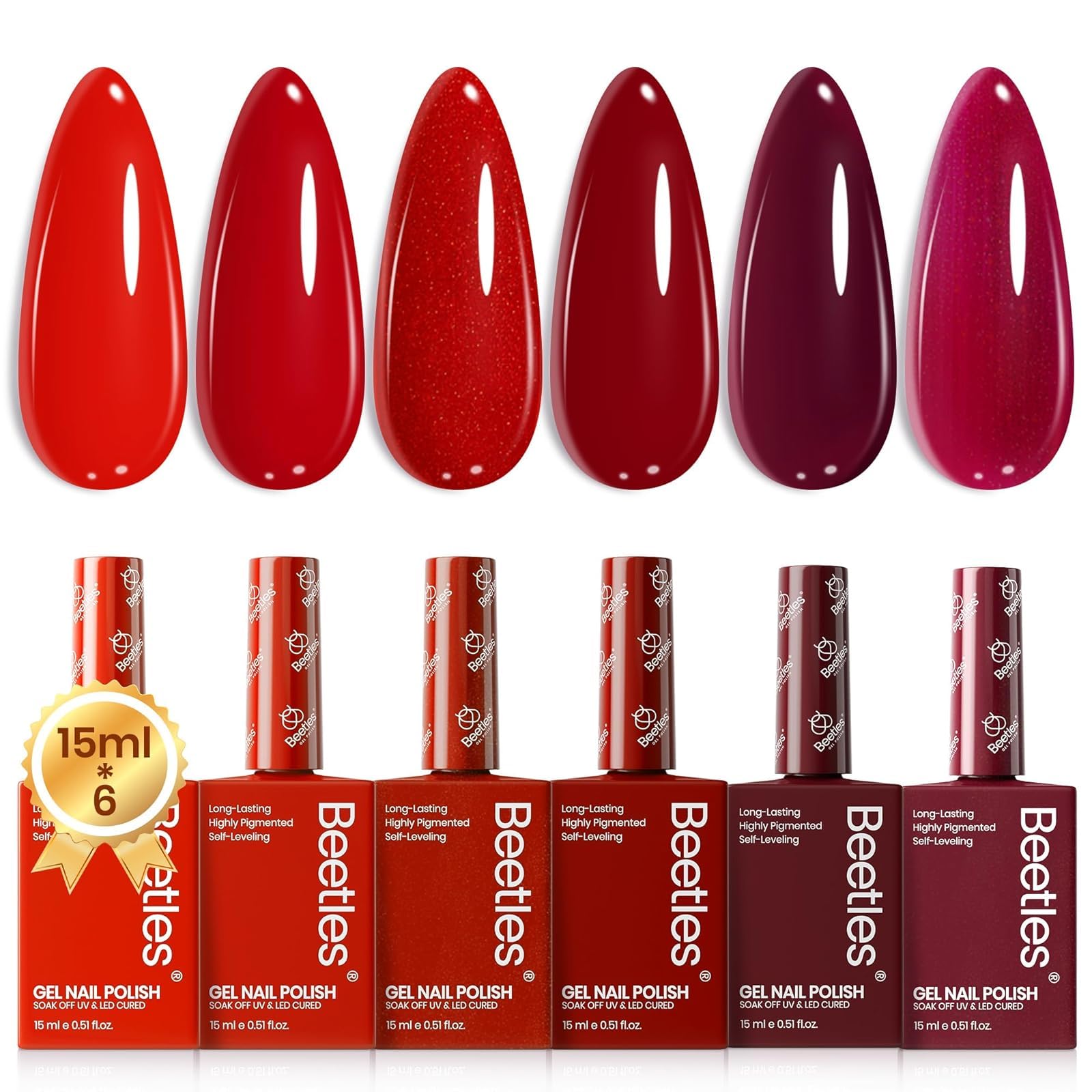 Beetles Red Gel Nail Polish Set – 6 Shimmer Burgundy Reds, 15ml Each | UV Soak-Off Kit