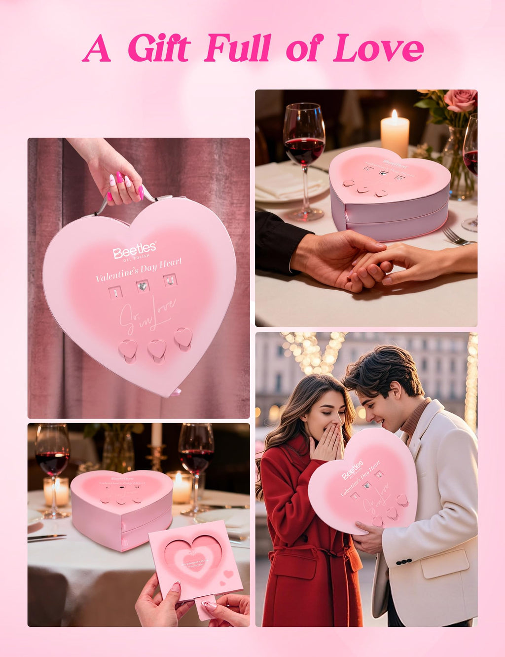 Beetles So In Love Collection – Glow In Love Valentine Gel Nail Polish Set | Pink Gel Nail Art Kit with Base & Top Coat
