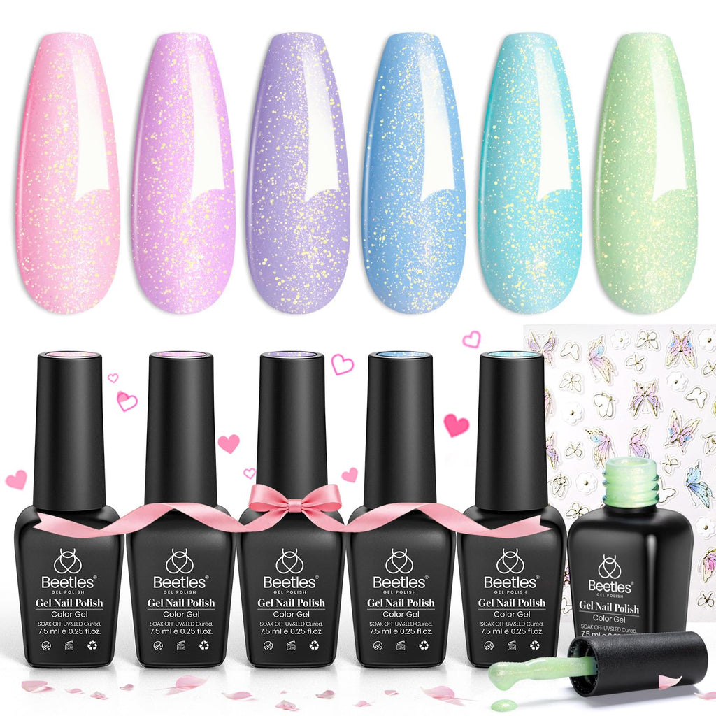 Beetles Spring Gel Nail Polish Set: 6 Pastel Shimmer Colors + Butterfly Stickers | UV/LED Required