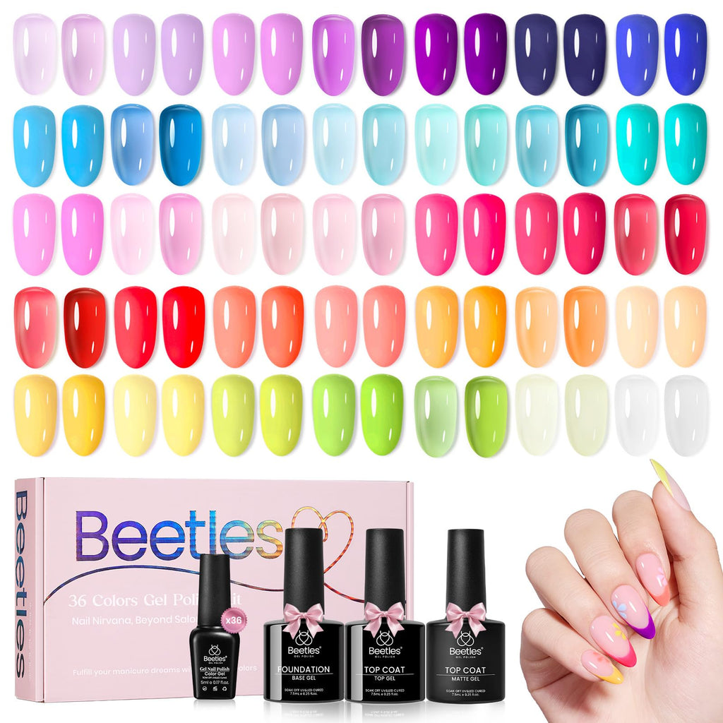 Beetles Spring Gel Nail Polish Set – 36 Jelly Colors with Base & Top Coats | Gift-Ready Kit