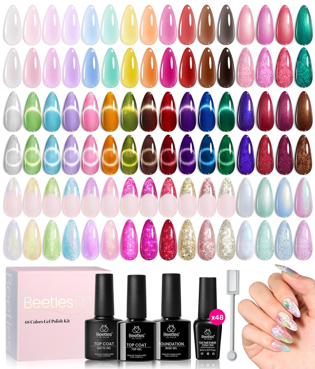 Beetles Spring Gel Nail Polish Set – 53 Pcs, 48 Colors, Base & Top Coats, Nail Magnetic