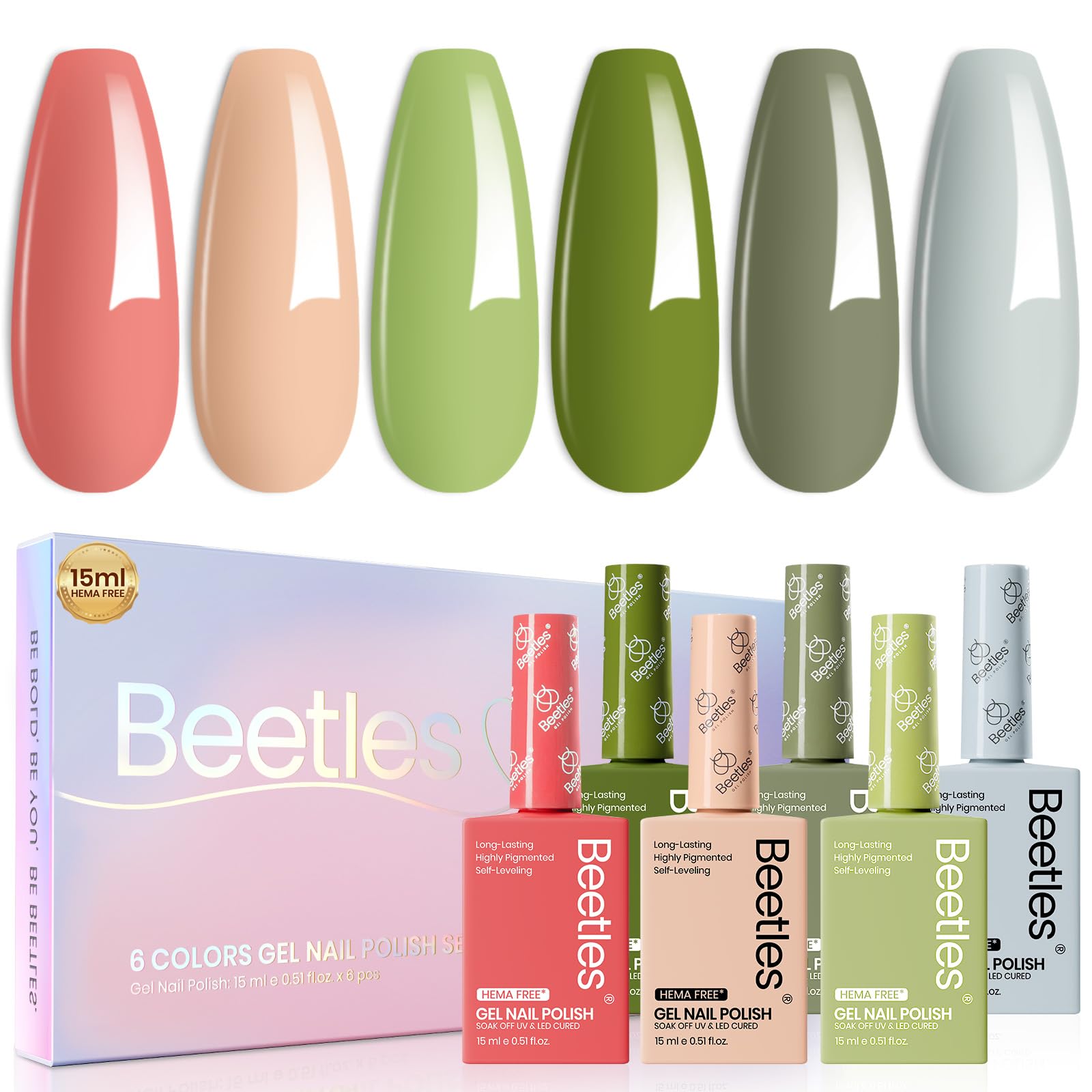 Beetles Spring Gel Polish Set – 6 HEMA-Free Colors (15ml) for UV/LED Nail Lamp