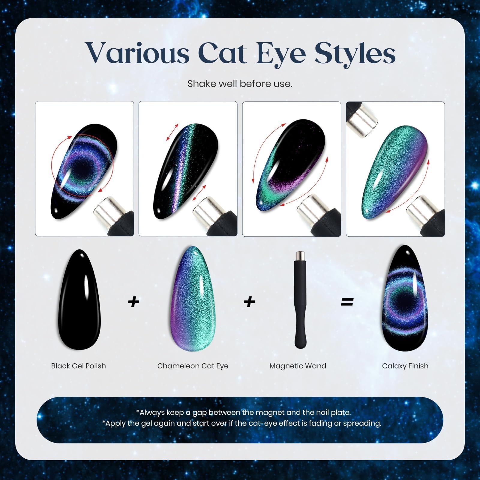 Beetles Cat Eye Gel Nail Polish Set - 6 Colors with Magnetic Chameleon Effect | Soak-Off UV Velvet Gel