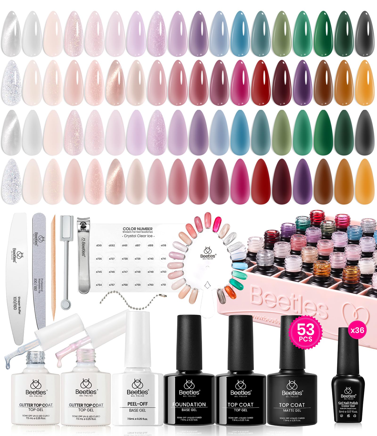 Beetles Jelly Gel Nail Polish Set – 53PCS, 36 Colors, Cat Eye Gel Kit with Glossy & Matte Top Coats