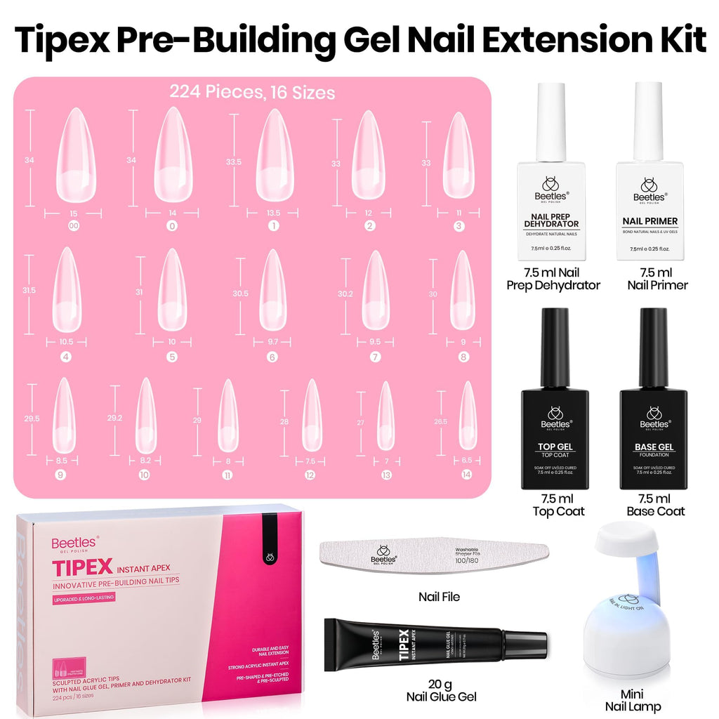 Beetles Tipex Instant Apex Nail Tips Kit – Stiletto Long Pre-Built Tips, 224PCS, Glue, UV Lamp, 16 Sizes