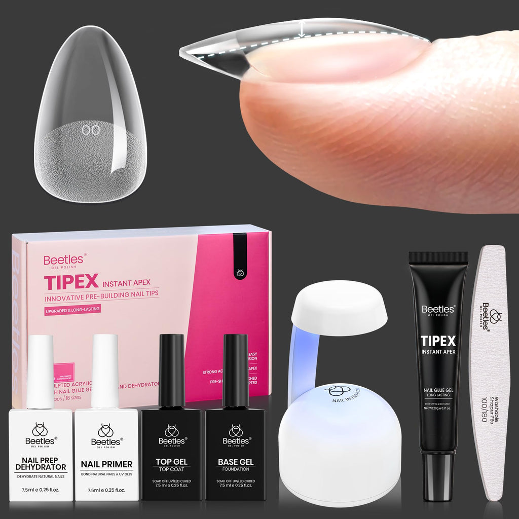 Beetles Tipex Instant Apex Nail Tips Kit – Almond Short, 224Pcs + UV Glue, Dehydrator, Primer, Base & Top Coat, Mini UV Lamp