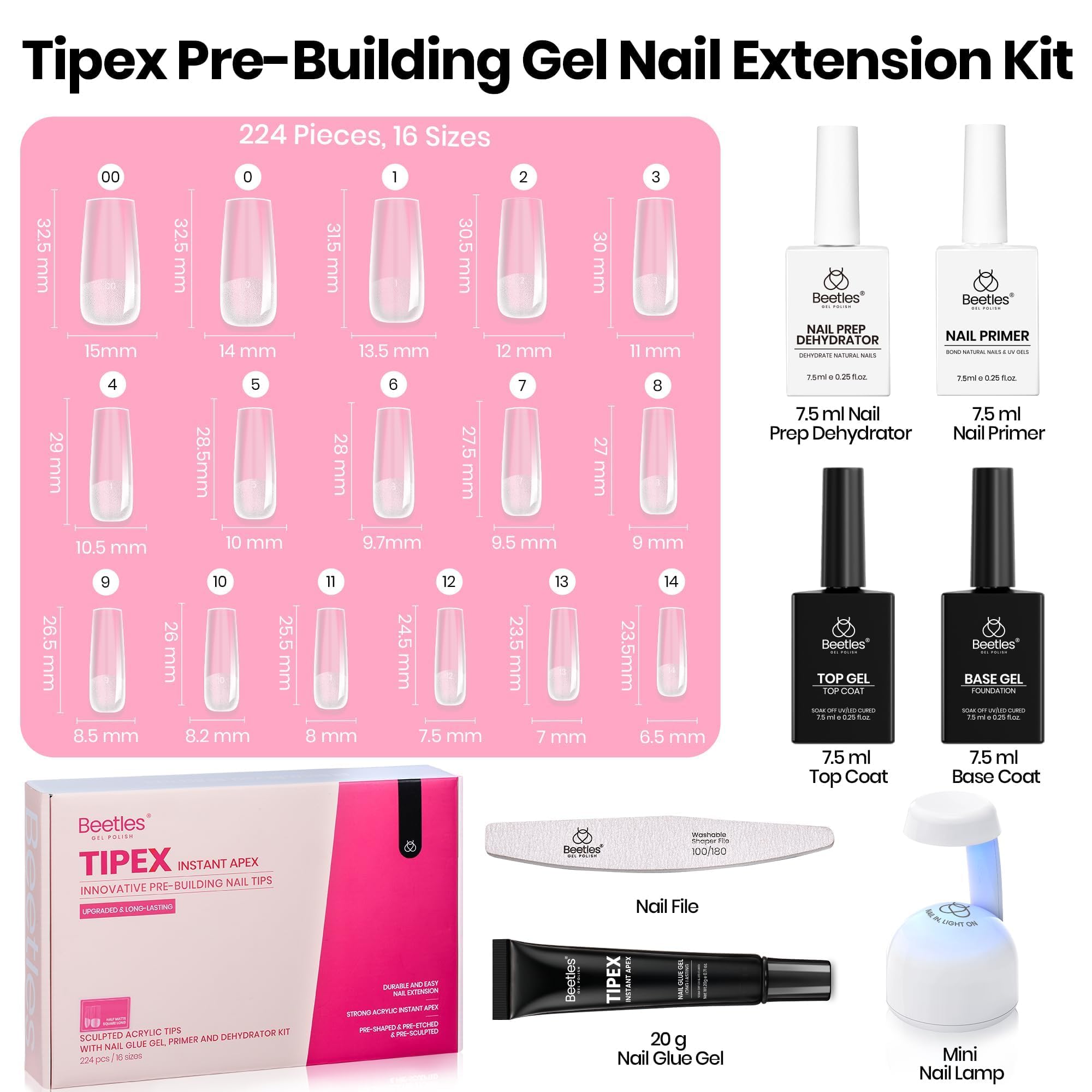 Beetles Tipex Instant Apex Nail Tips Kit – 224pcs, Glue, UV Lamp, Base & Top Coat