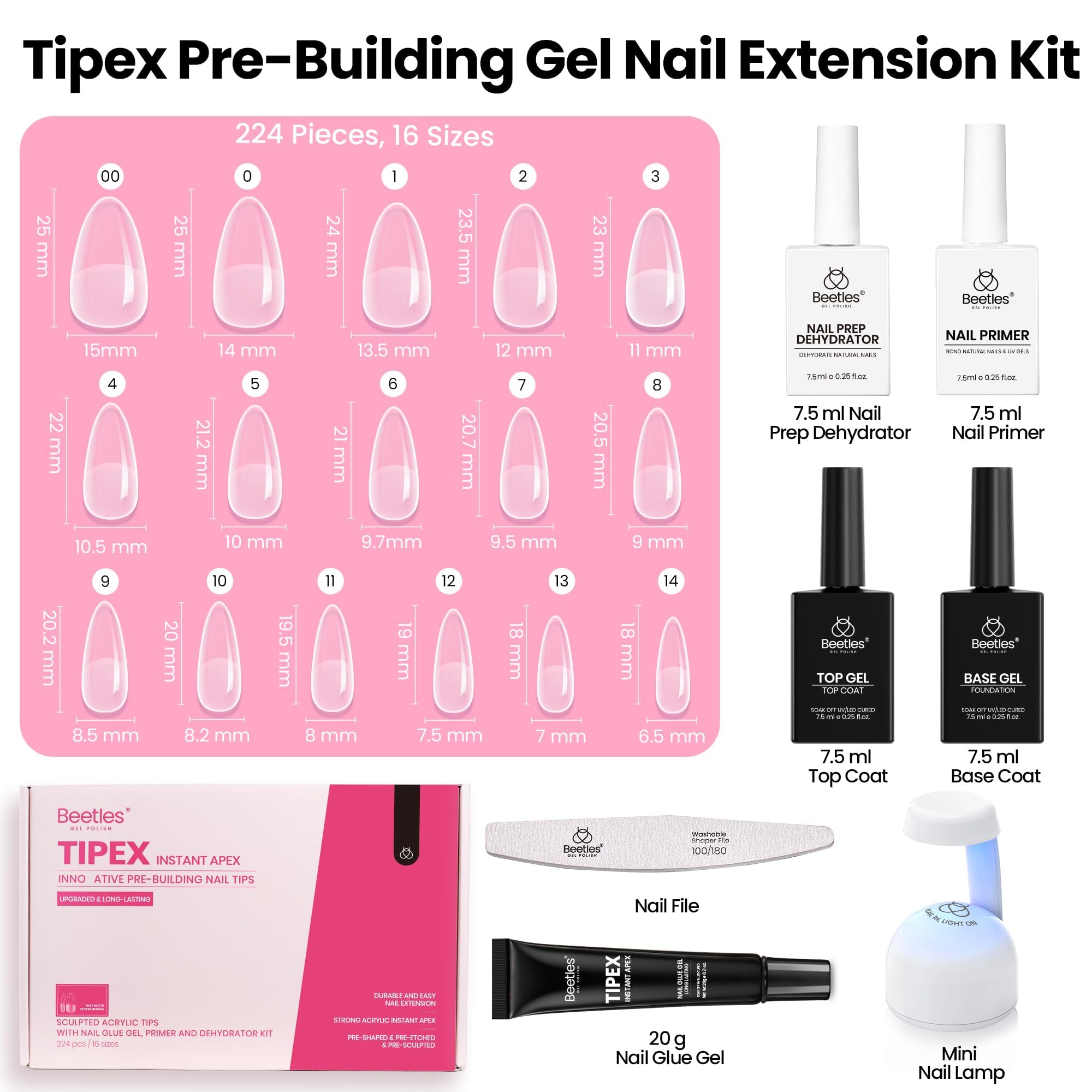 Beetles Tipex Instant Apex Nail Tips Kit – Almond Medium, 224PCS | All-in-One Nail Extension Set