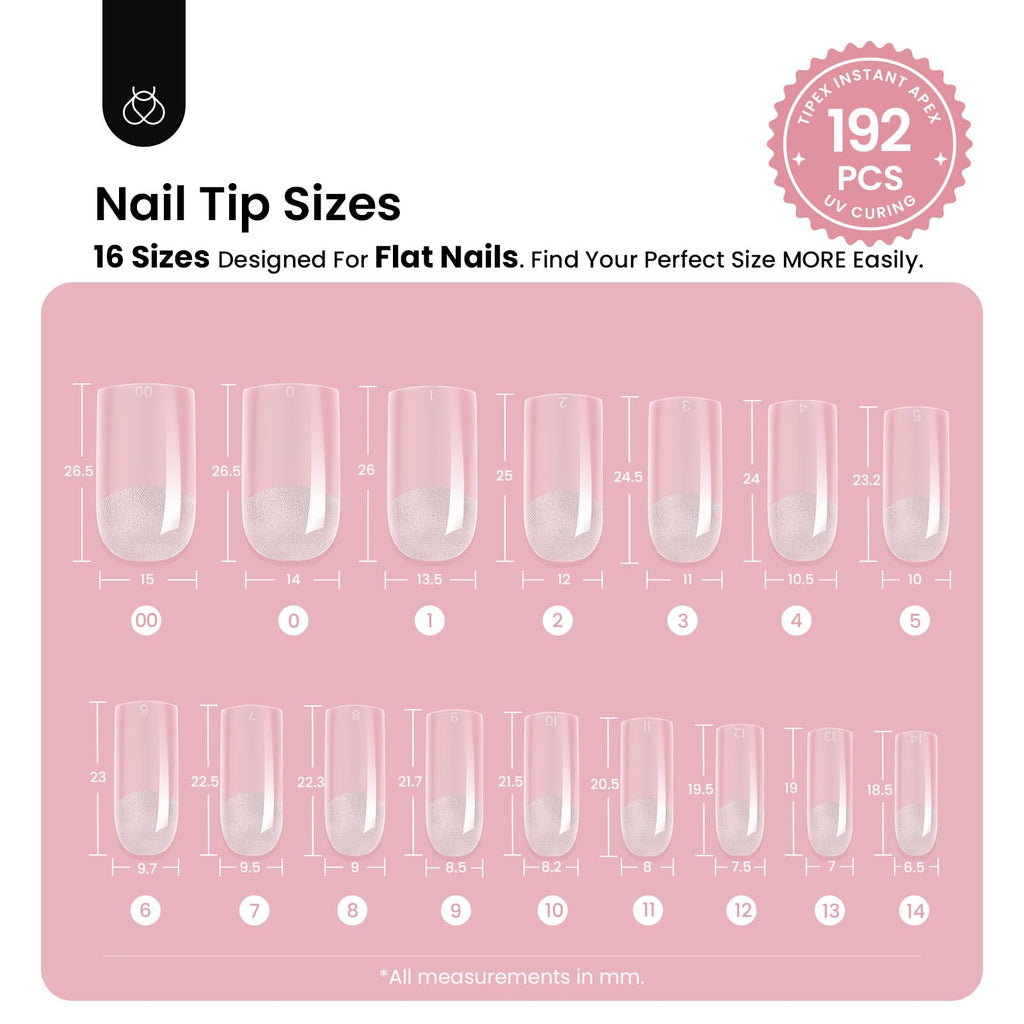 Beetles Tipex Instant Apex Nail Tips | Medium Square, Pre-Built & Pre-Etched, Half Matte Finish, 192 Pcs, 16 Sizes