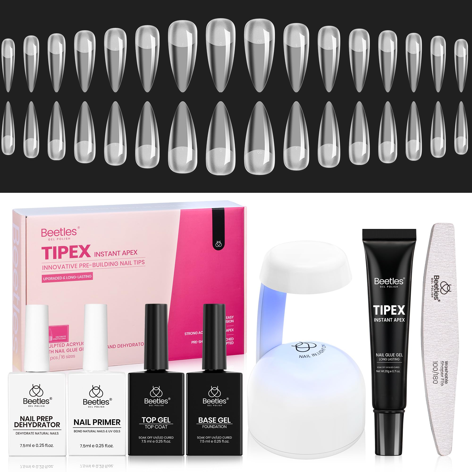 Beetles Tipex Instant Apex Nail Tips Kit – Stiletto Long Pre-Built Tips, 224PCS, Glue, UV Lamp, 16 Sizes