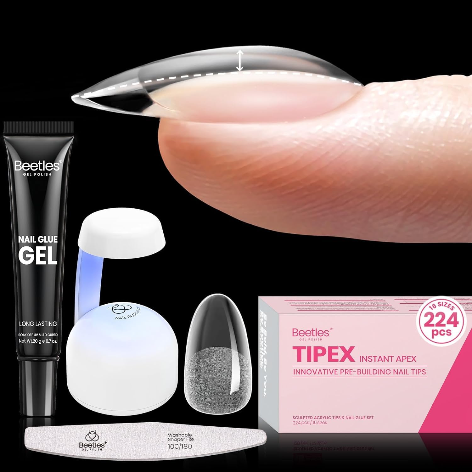Beetles Tipex Instant Apex Nail Tips Kit – 224 Tips, Oval Short, 16 Sizes, Mini UV Lamp
