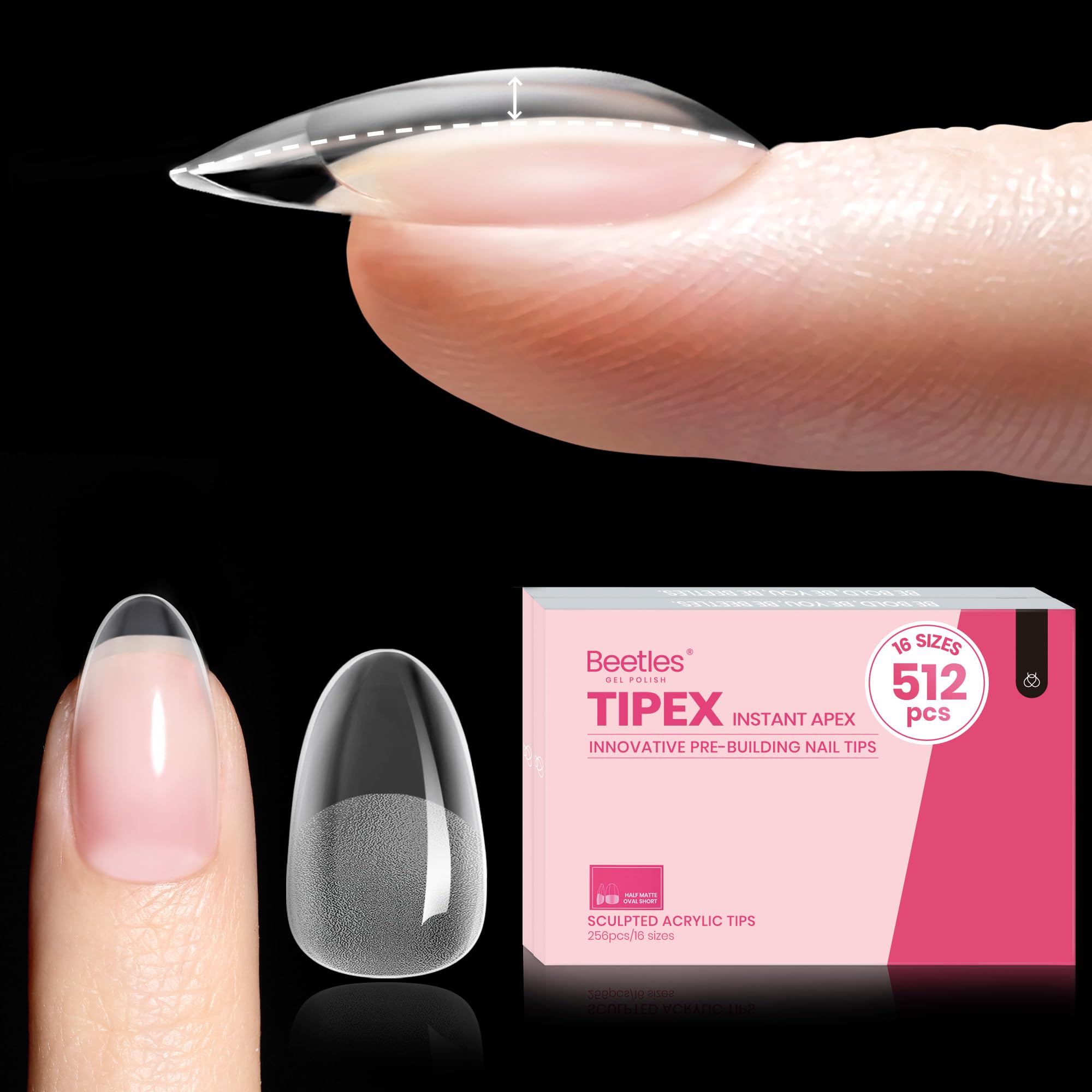 Beetles Tipex Instant Apex Nail Tips – Short Oval, 512 Pcs, 16 Sizes (Pre-Built & Pre-Etched)