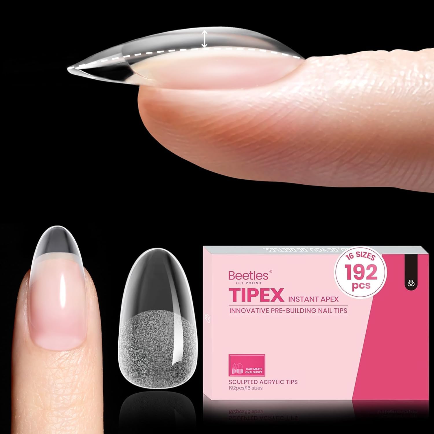 Beetles Tipex Instant Apex Nail Tips – Short Oval Almond, 192 Pcs, 16 Sizes, Pre-Built & Pre-Etched