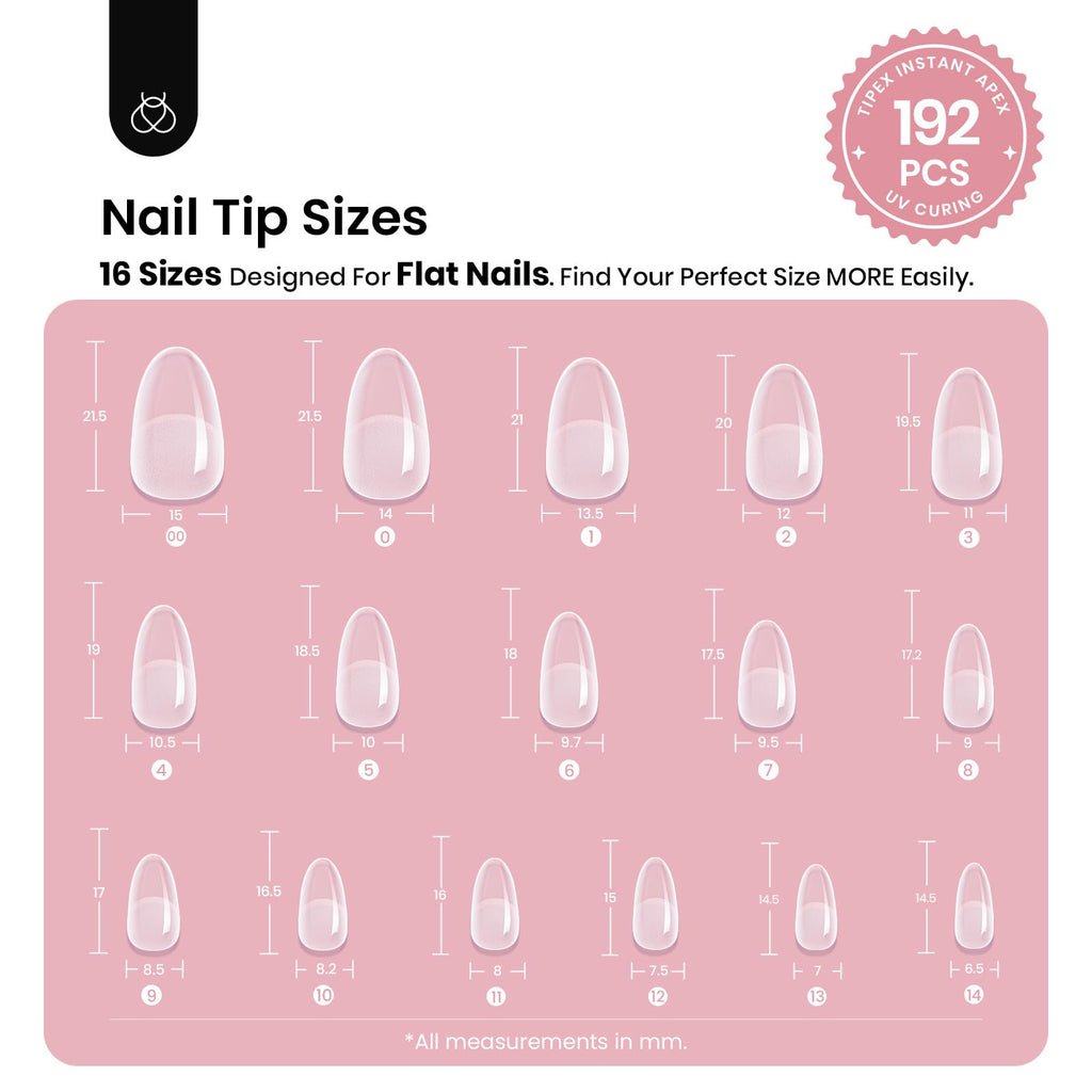 Beetles Tipex Instant Apex Nail Tips – Short Oval Almond, 192 Pcs, 16 Sizes, Pre-Built & Pre-Etched