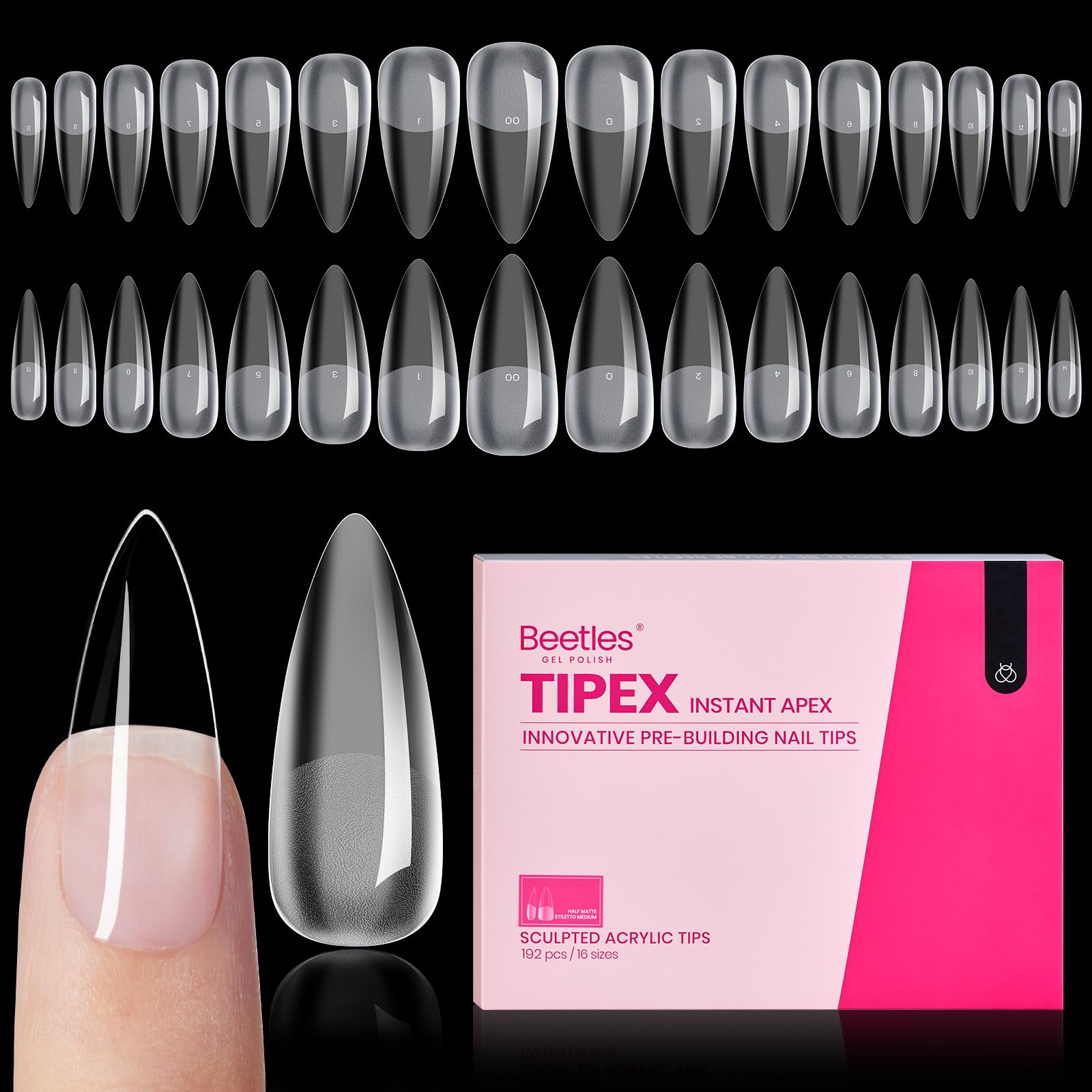 Beetles Tipex Instant Apex Nail Tips – Stiletto Medium, 192pcs, 16 Sizes | Pre-Built Apex