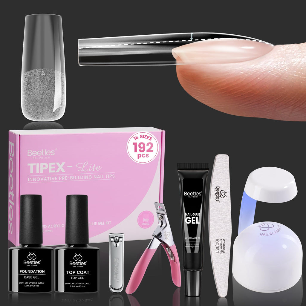 Beetles Tipex Lite Apex Nail Tips Kit – 192pcs, 16 Sizes, UV Glue